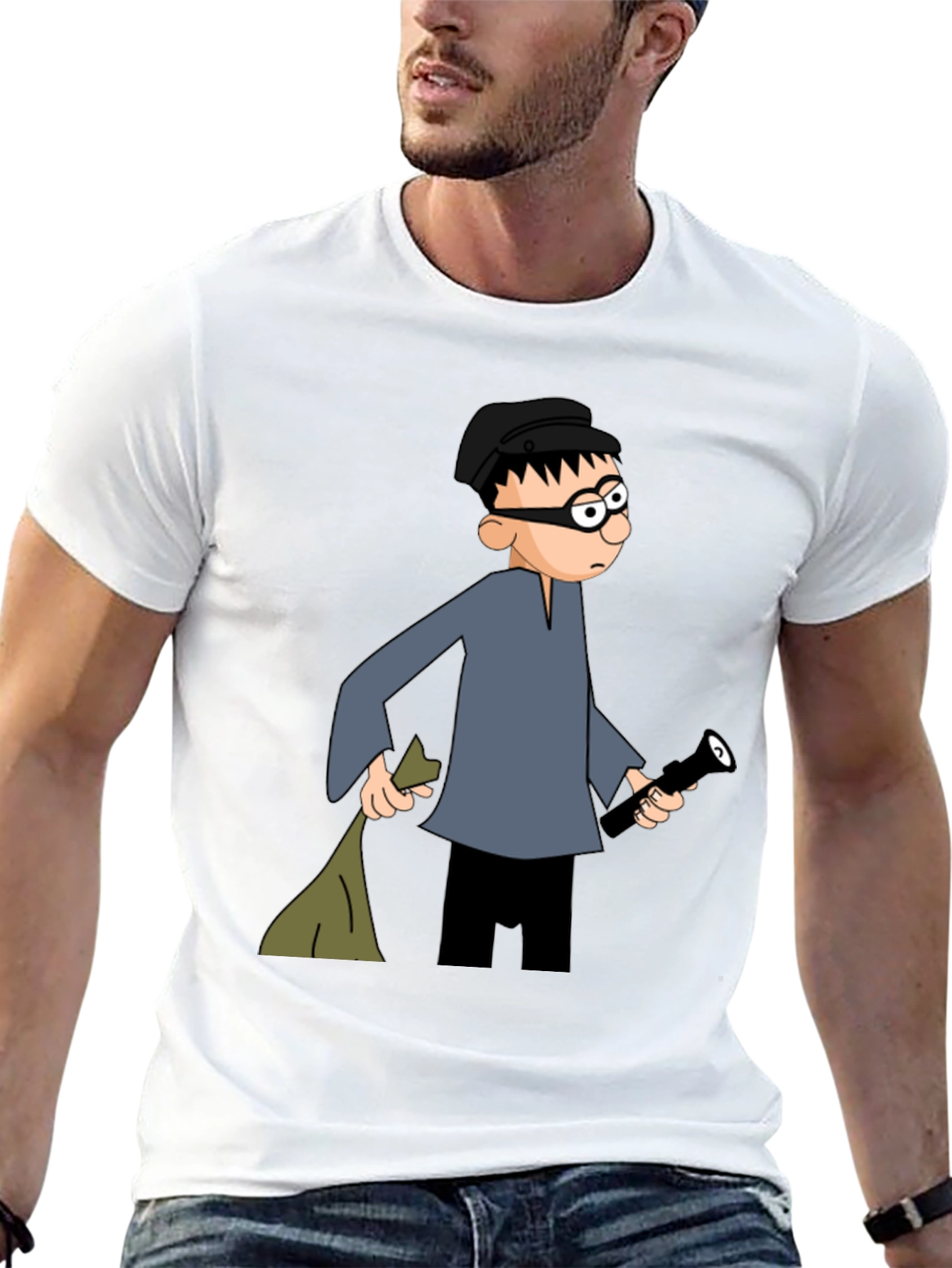Cartoon Burglar Black T-Shirt