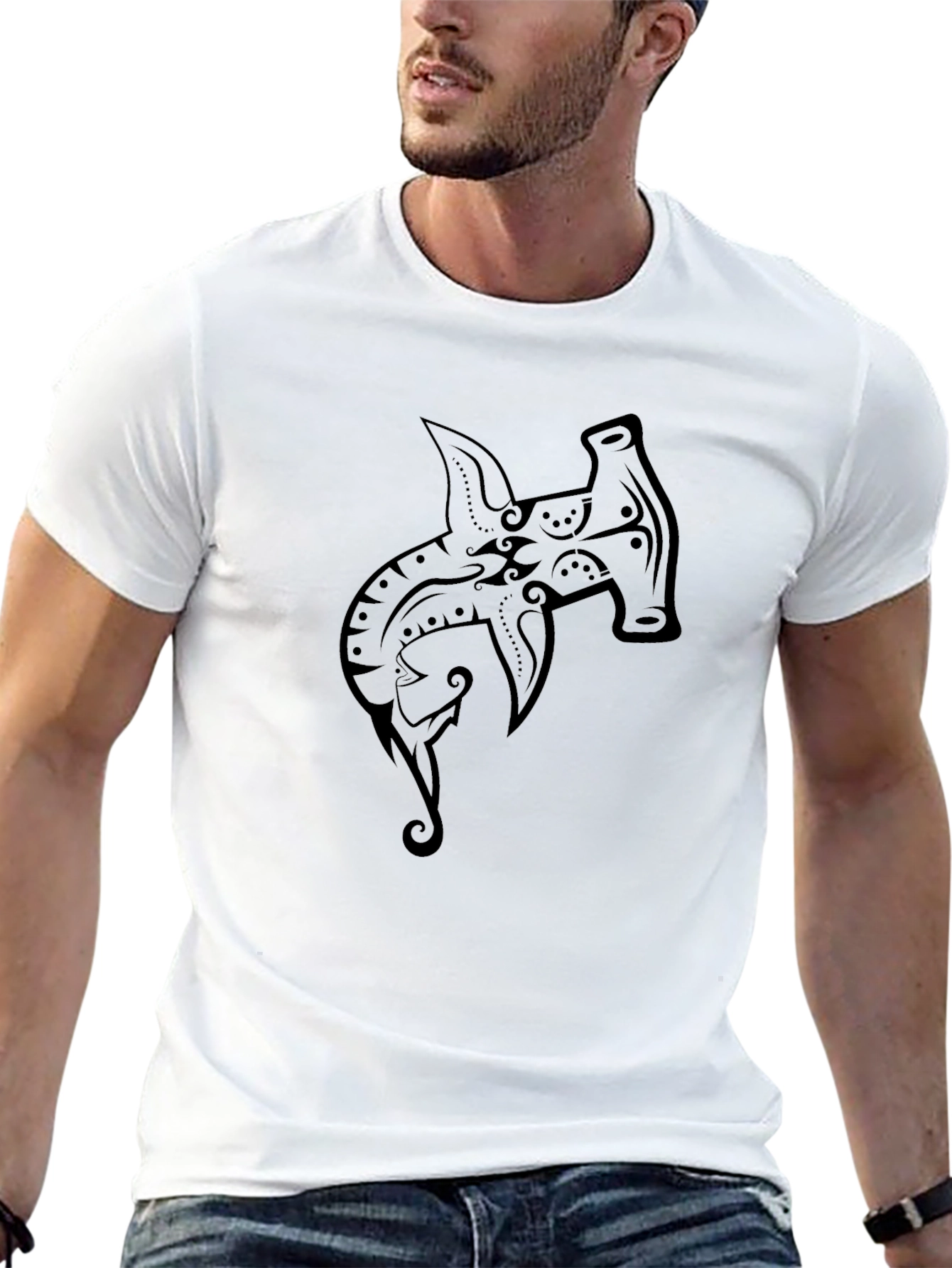 Hammerhead Shark Tribal Design Black T-Shirt