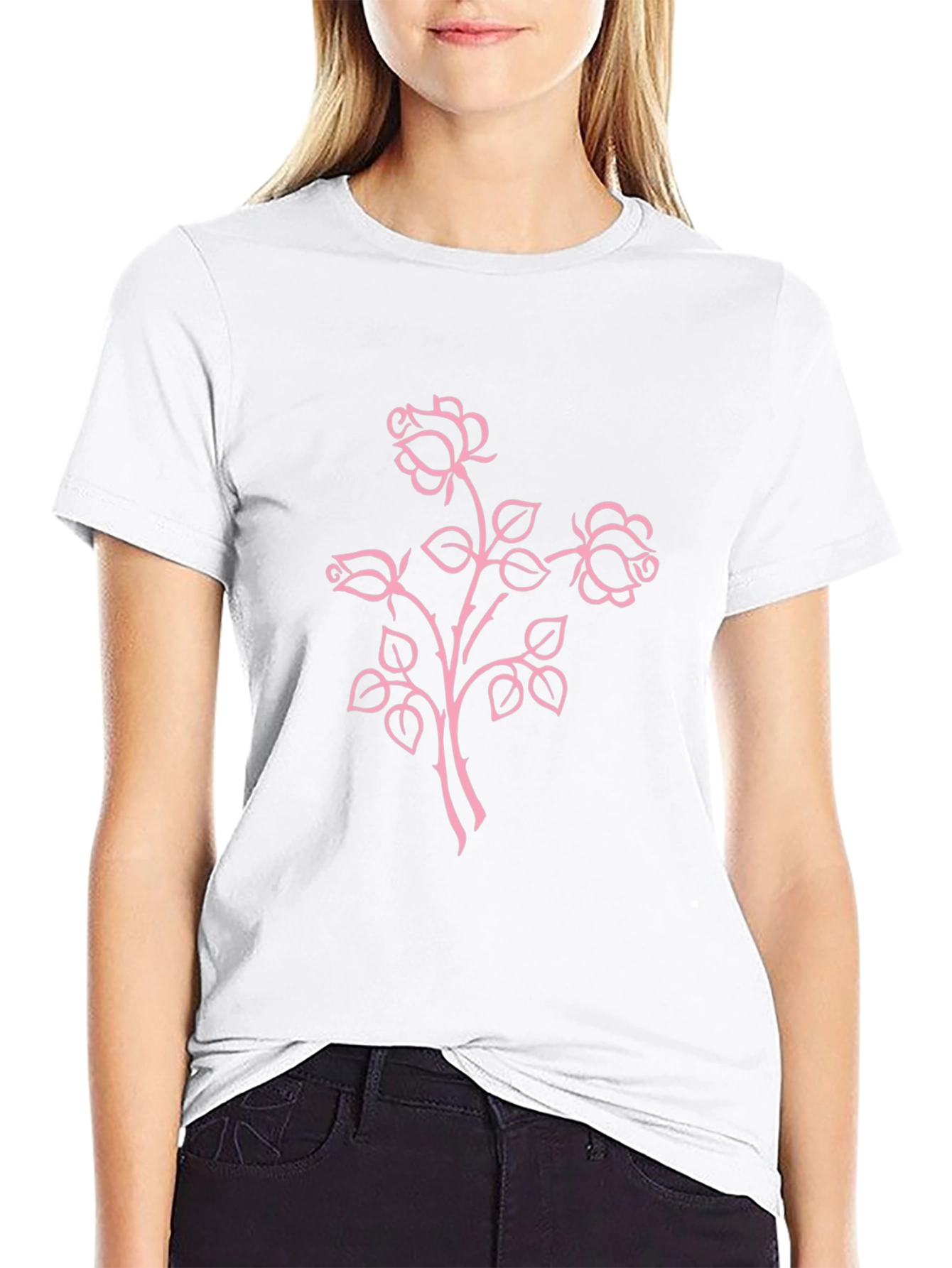 Black T-Shirt with Pink Roses