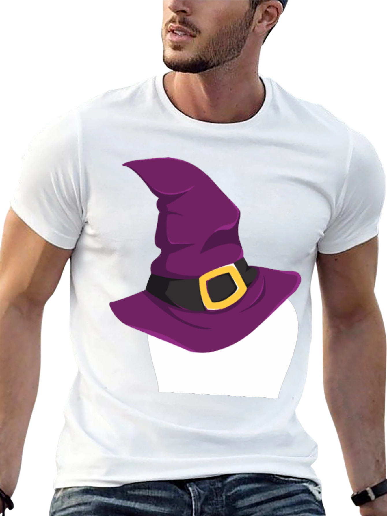 Halloween Witch Hat Graphic Tee - Black Cotton T-Shirt