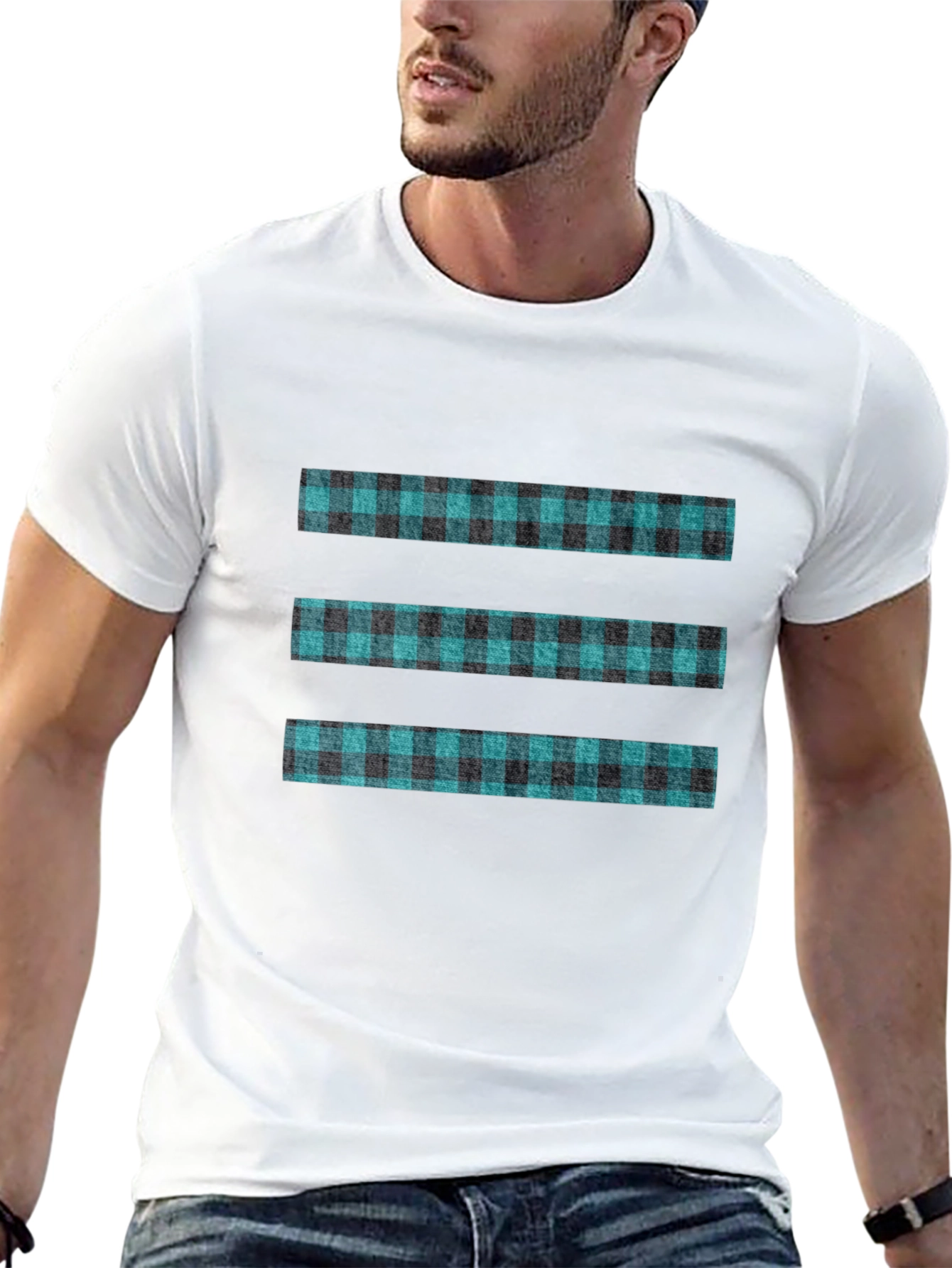 Modern Plaid Stripe Tee - Black Casual T-Shirt