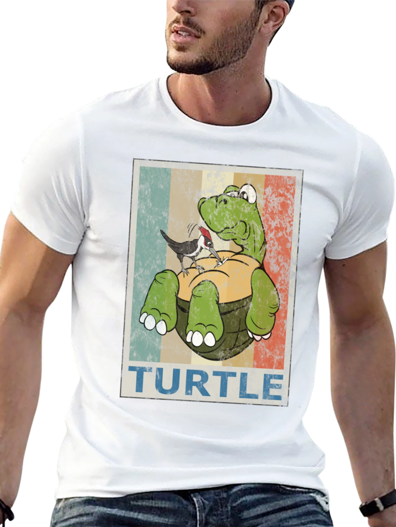 Retro Turtle & Bird Graphic T-Shirt