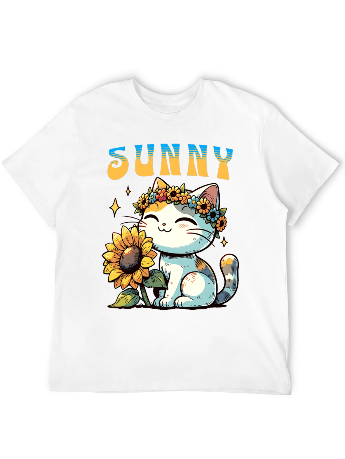 Sunny Cat with Sunflower Graphic T-Shirt