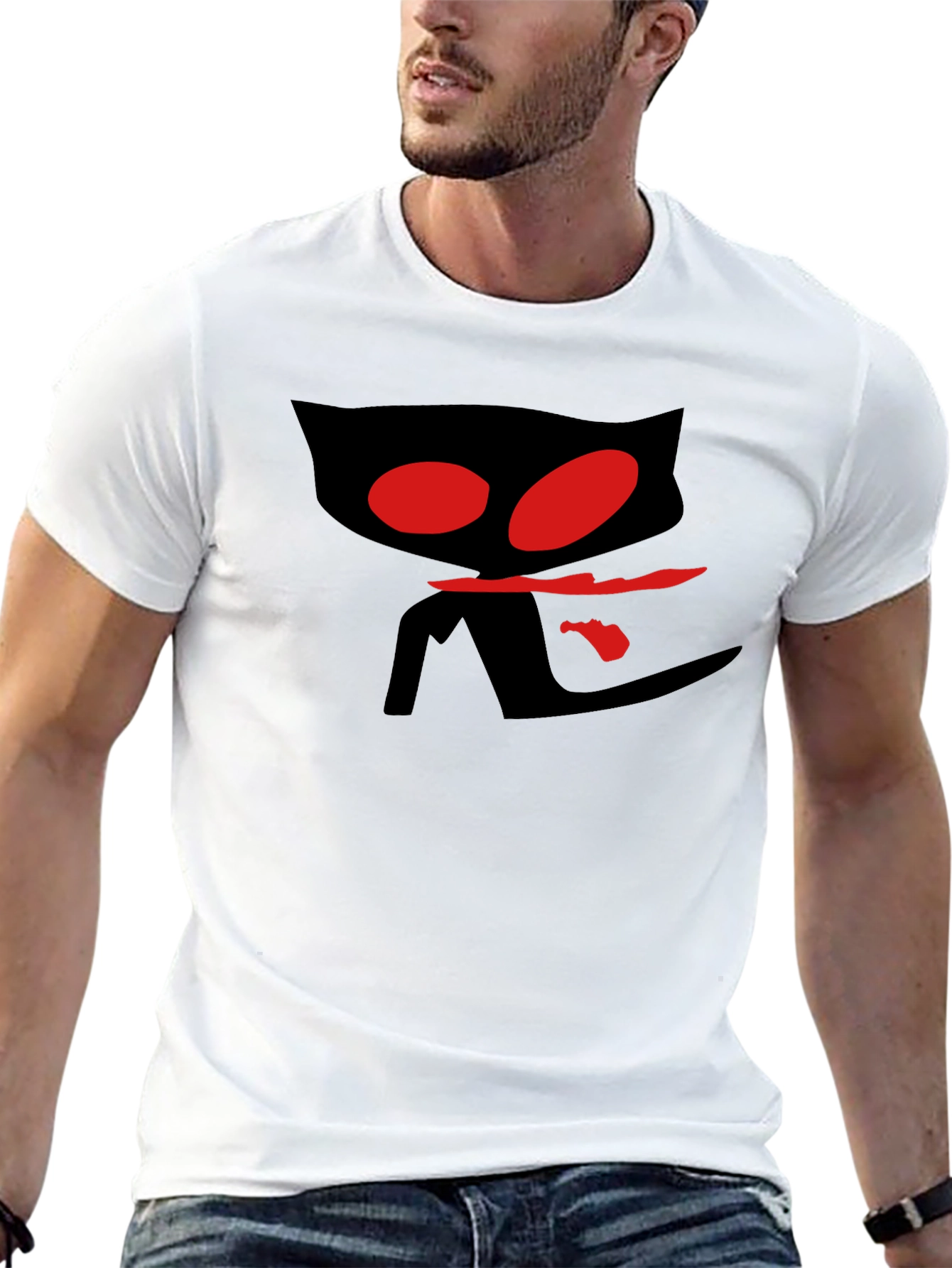 Mens Black T-Shirt with Red Eyed Cat Design