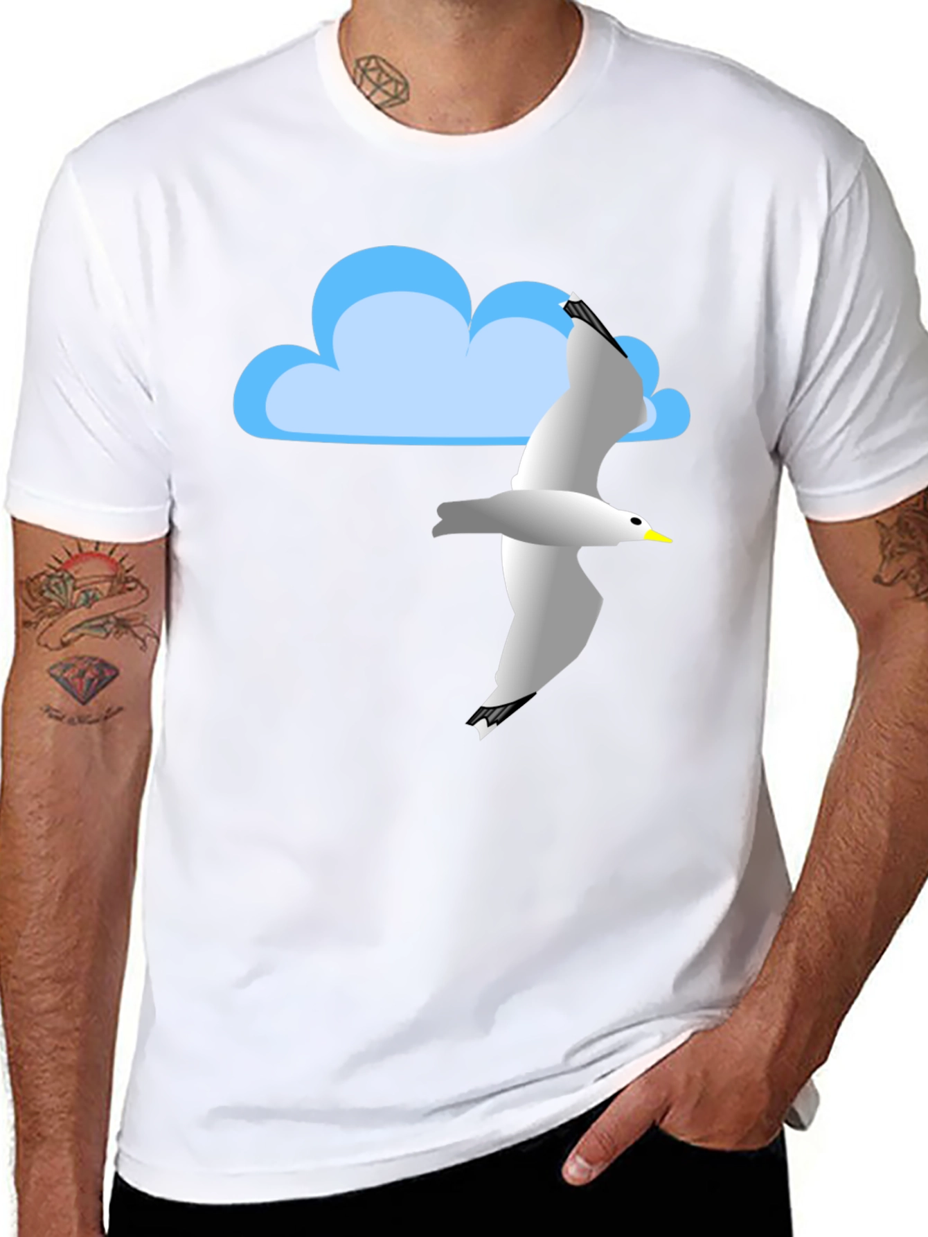 Cloud & Seagull Graphic Tee - Black Cotton T-Shirt
