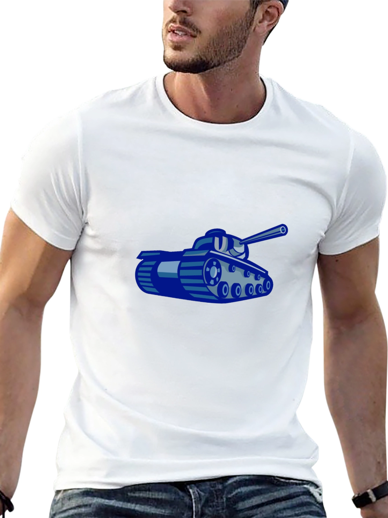 Blue Cartoon Tank Graphic Black T-Shirt