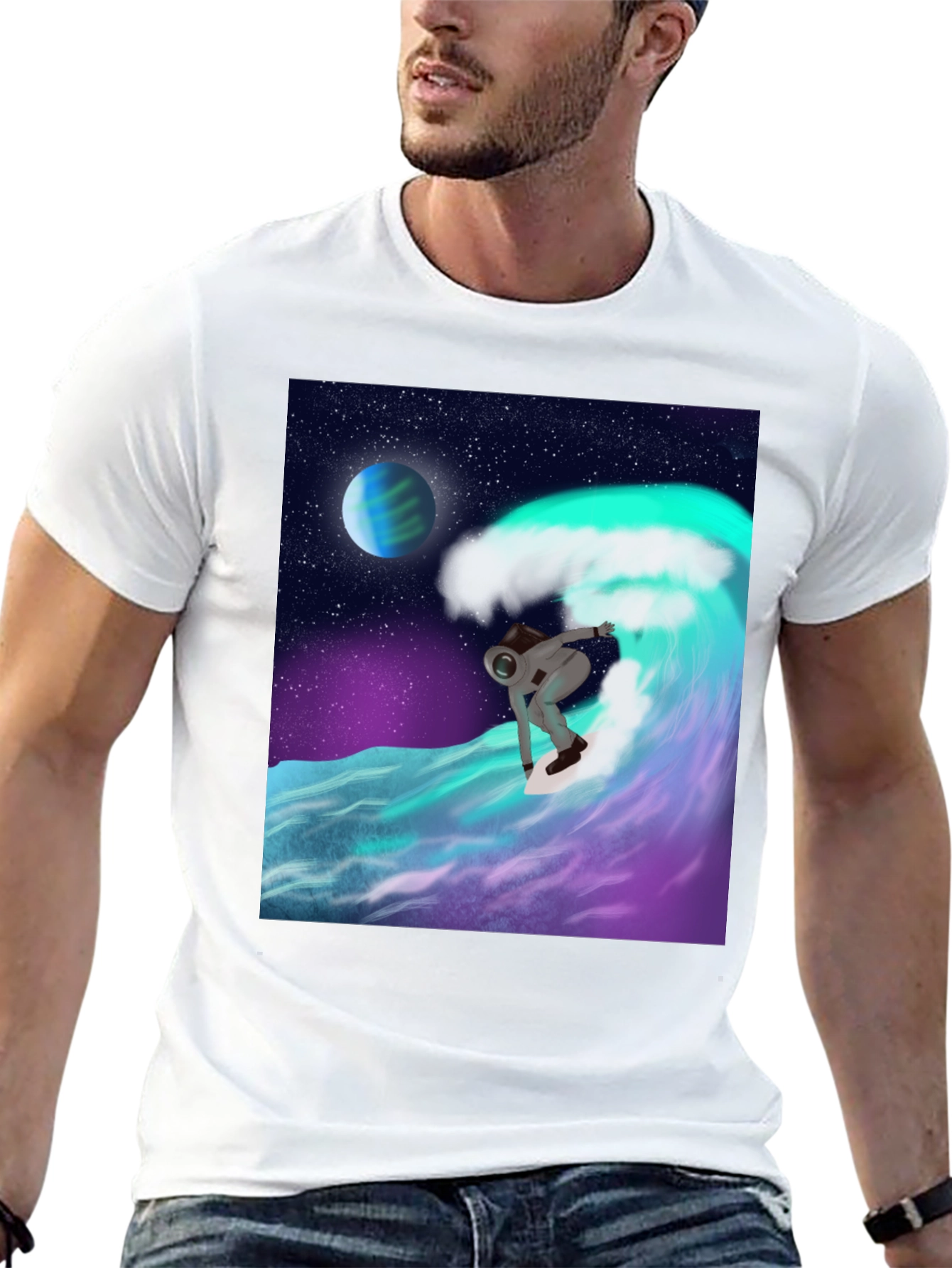 Astronaut Surfing T-Shirt - Space Wave Graphic Tee