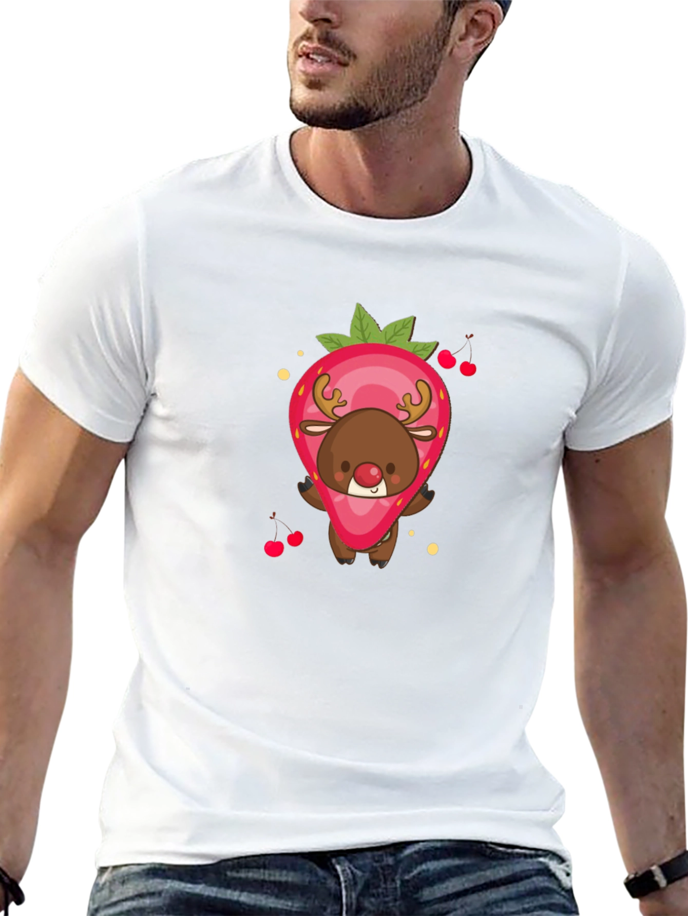 Strawberry Reindeer Graphic Tee - Black Unisex Shirt
