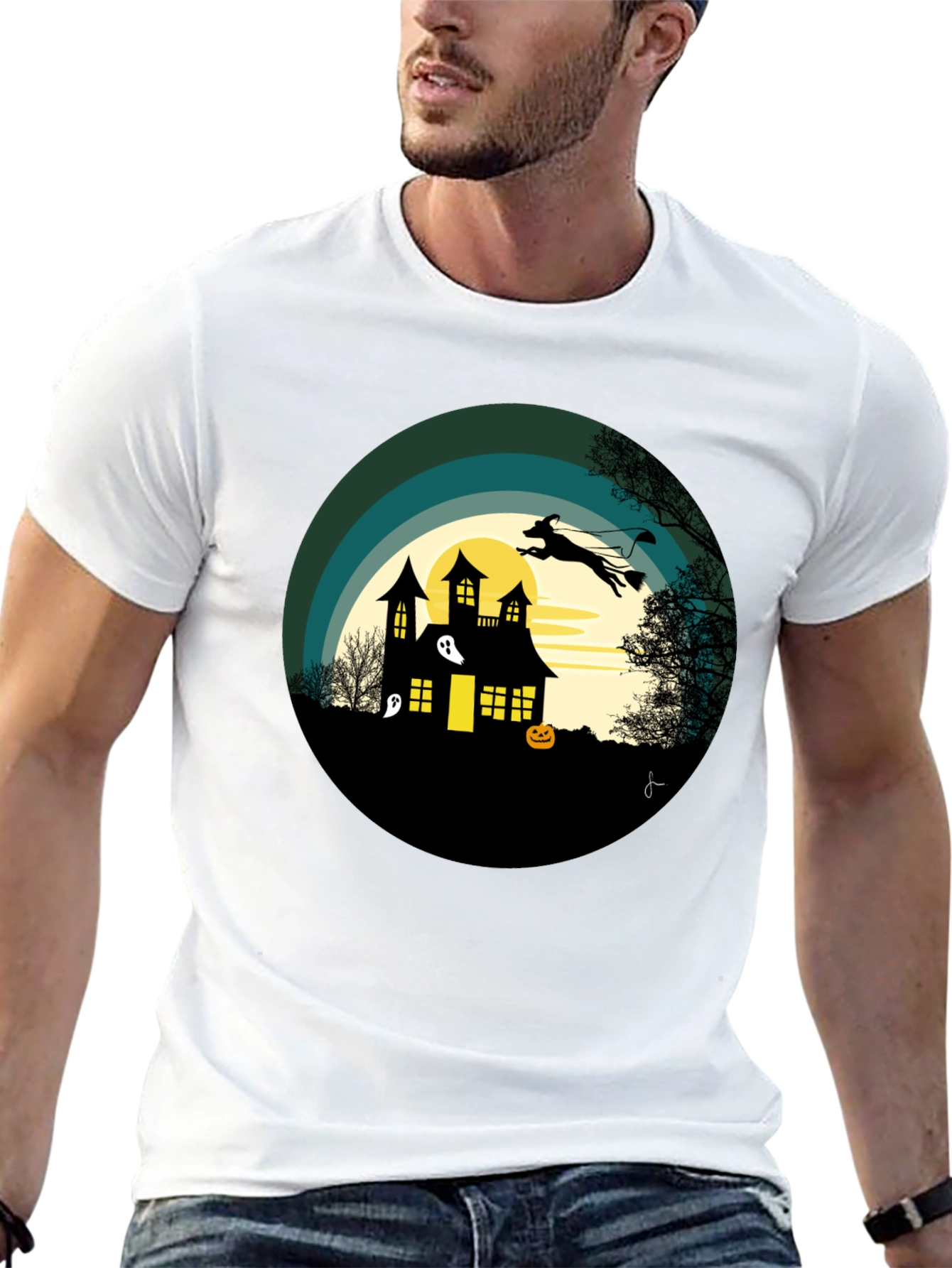 Halloween Spooky House Dog Silhouette Graphic T-Shirt