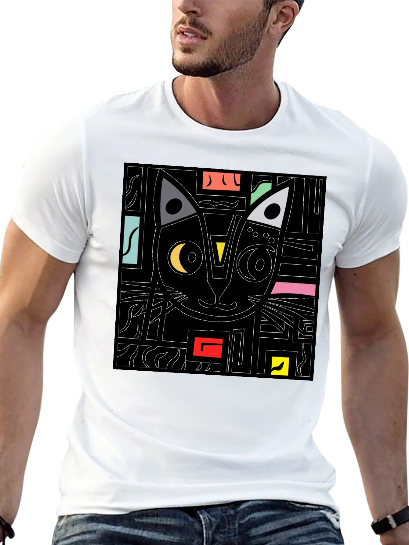 Abstract Cat Graphic T-Shirt - Modern Black Tee