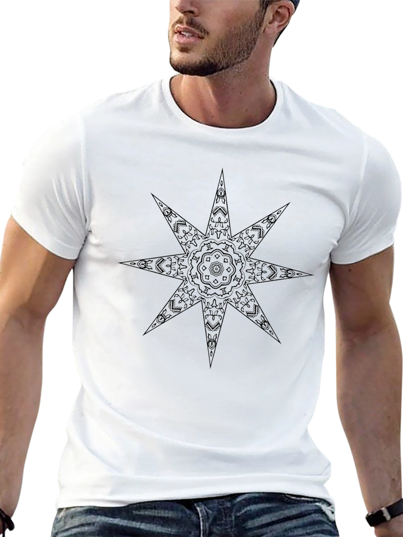 Geometric Starburst Tee - Black Cotton Blend Casual Shirt