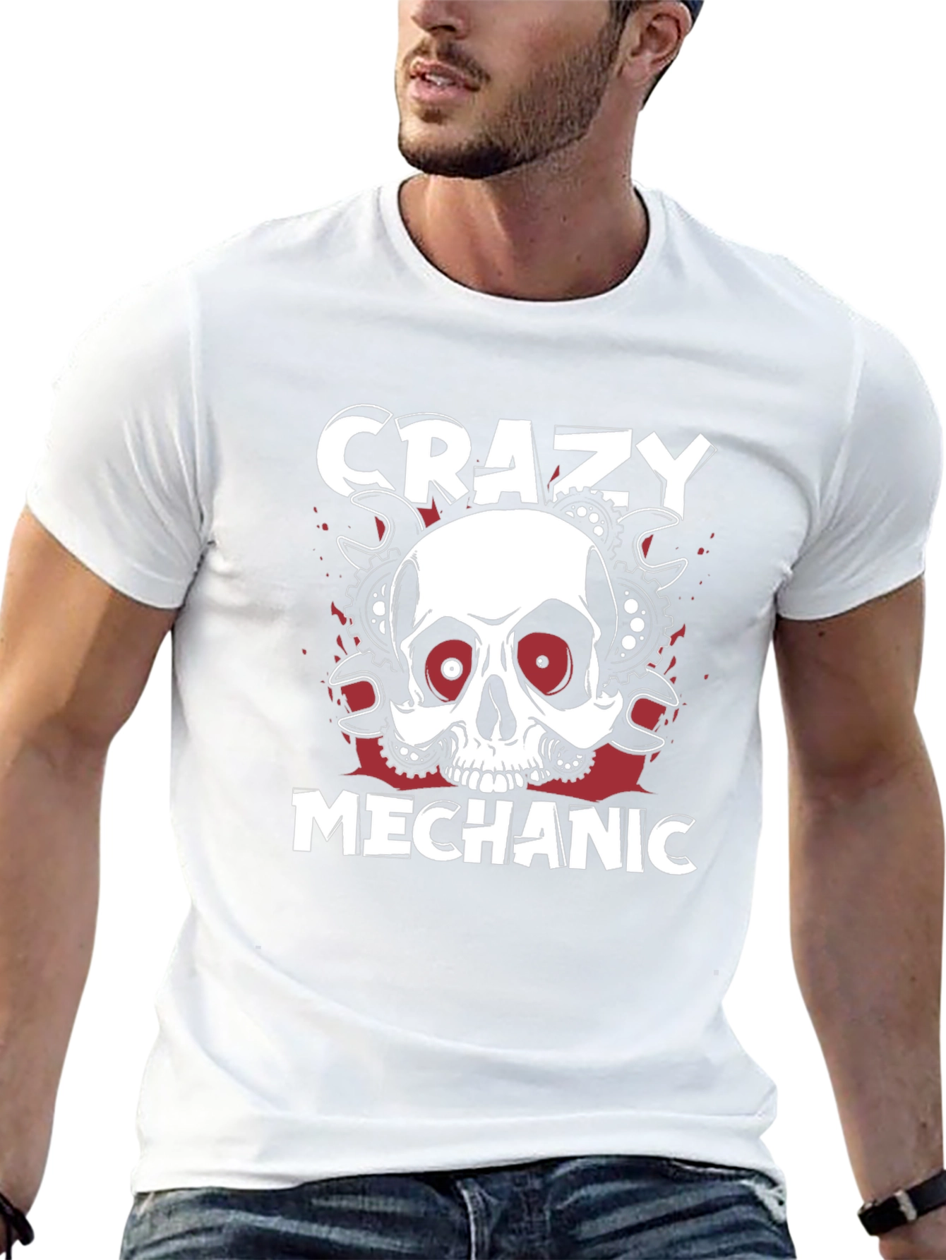 Crazy Mechanic Skull Graphic T-Shirt