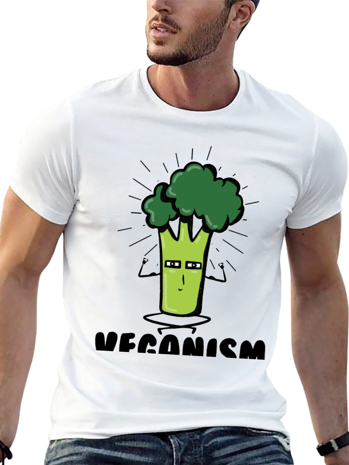 Veganism Cartoon Broccoli Black T-Shirt