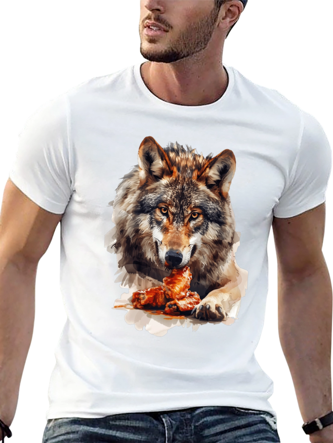 Wolf Eating Chicken Wings Graphic T-Shirt