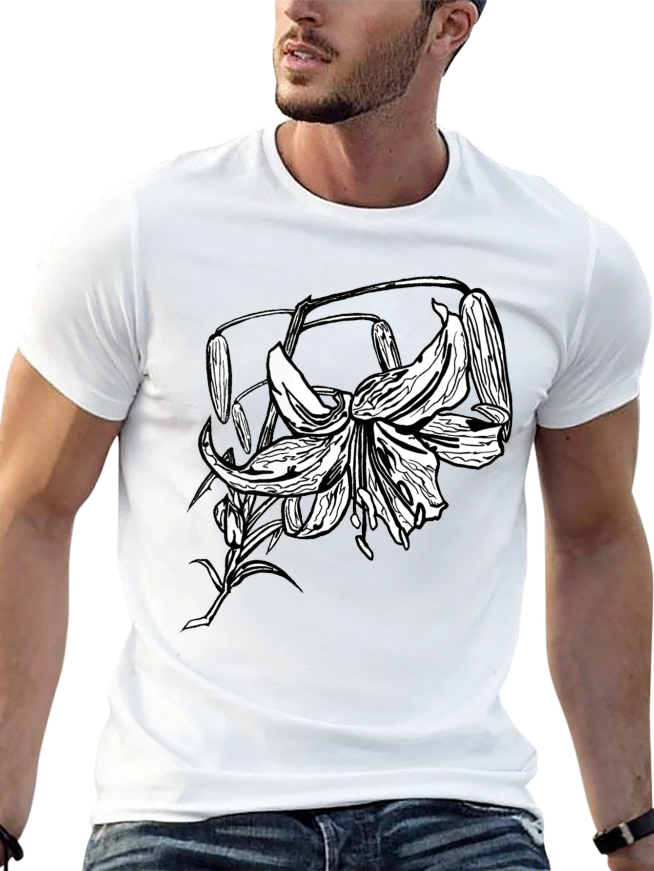 Black T-Shirt with Floral Lily Graphic