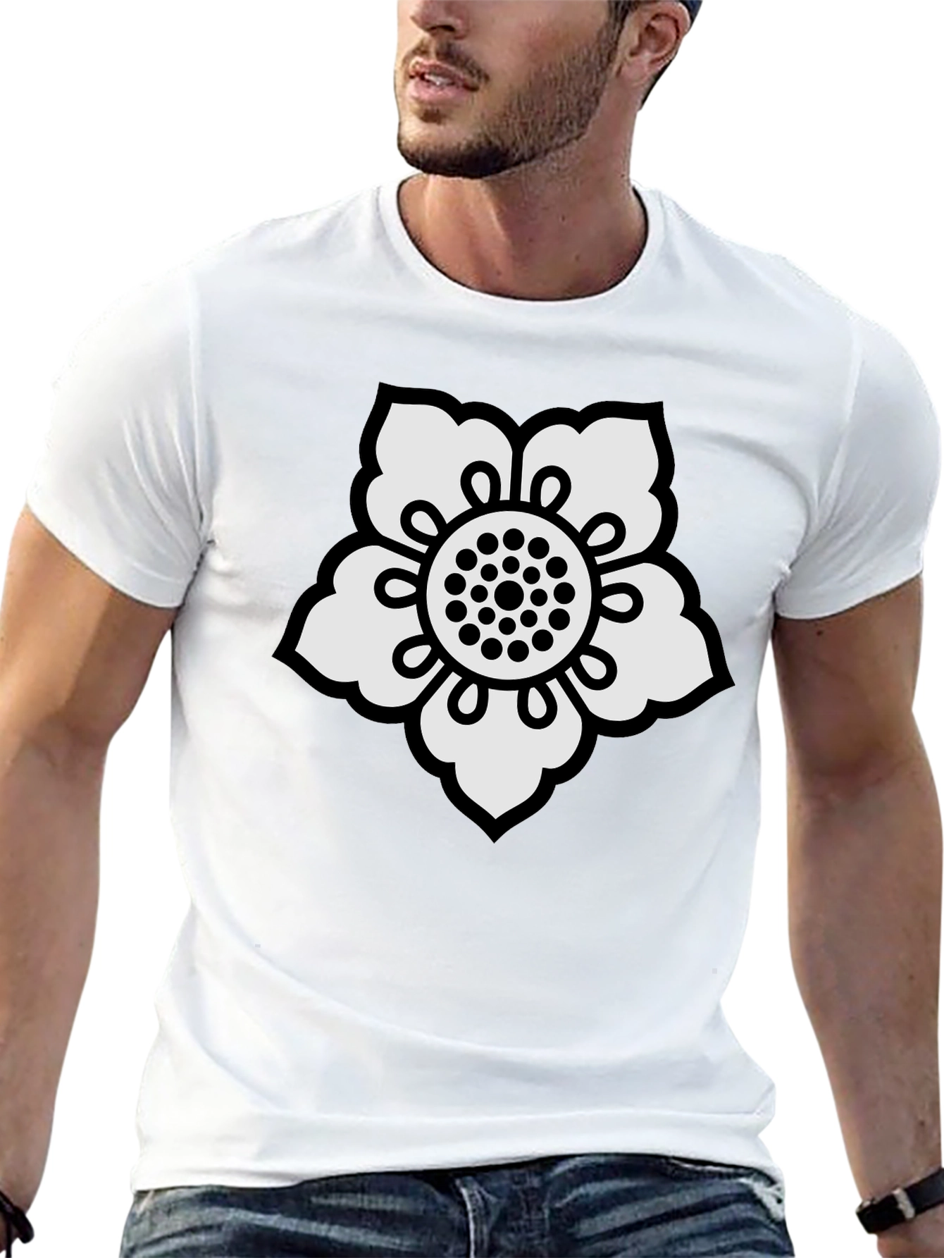 Black T-Shirt with White Flower Design