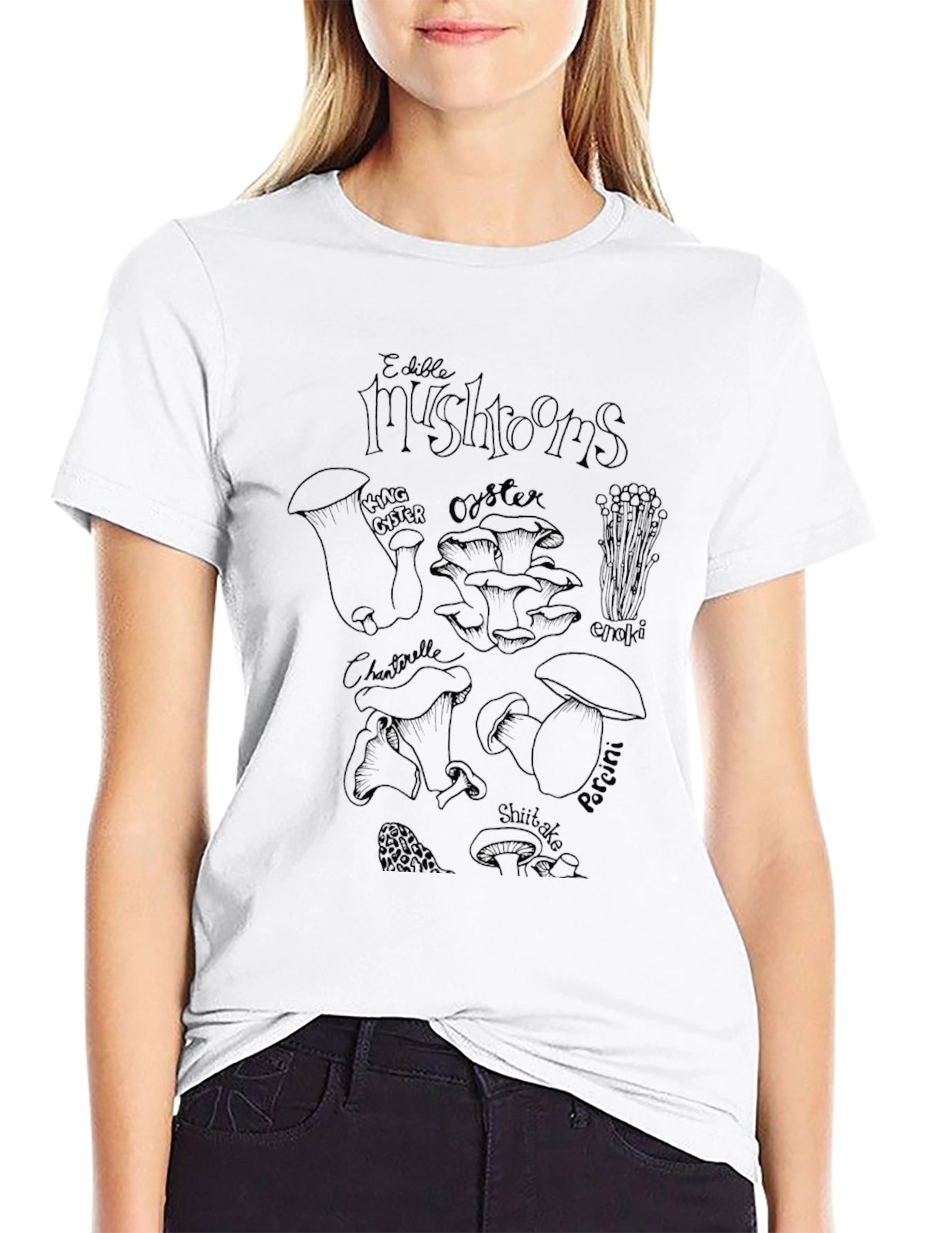 Edible Mushrooms Graphic Print Black T-Shirt