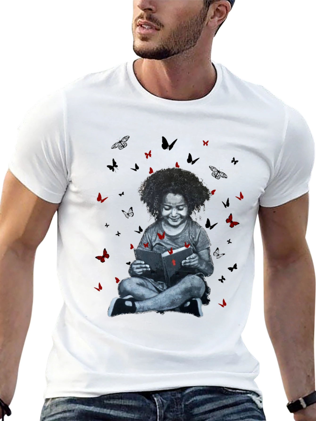 Girl Reading Book with Butterfly T-Shirt