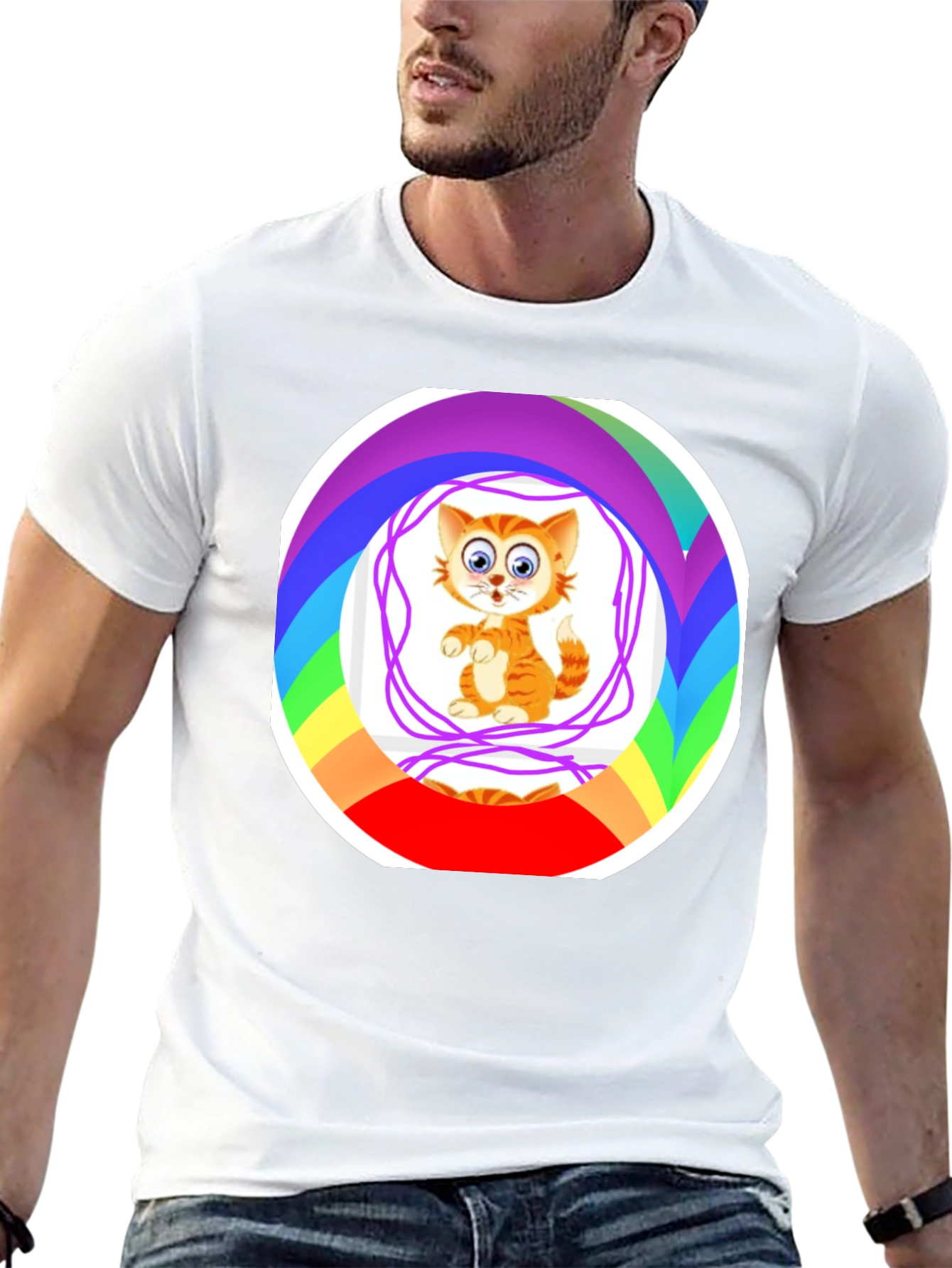 Cartoon Cat Rainbow Circle Graphic Black T-Shirt