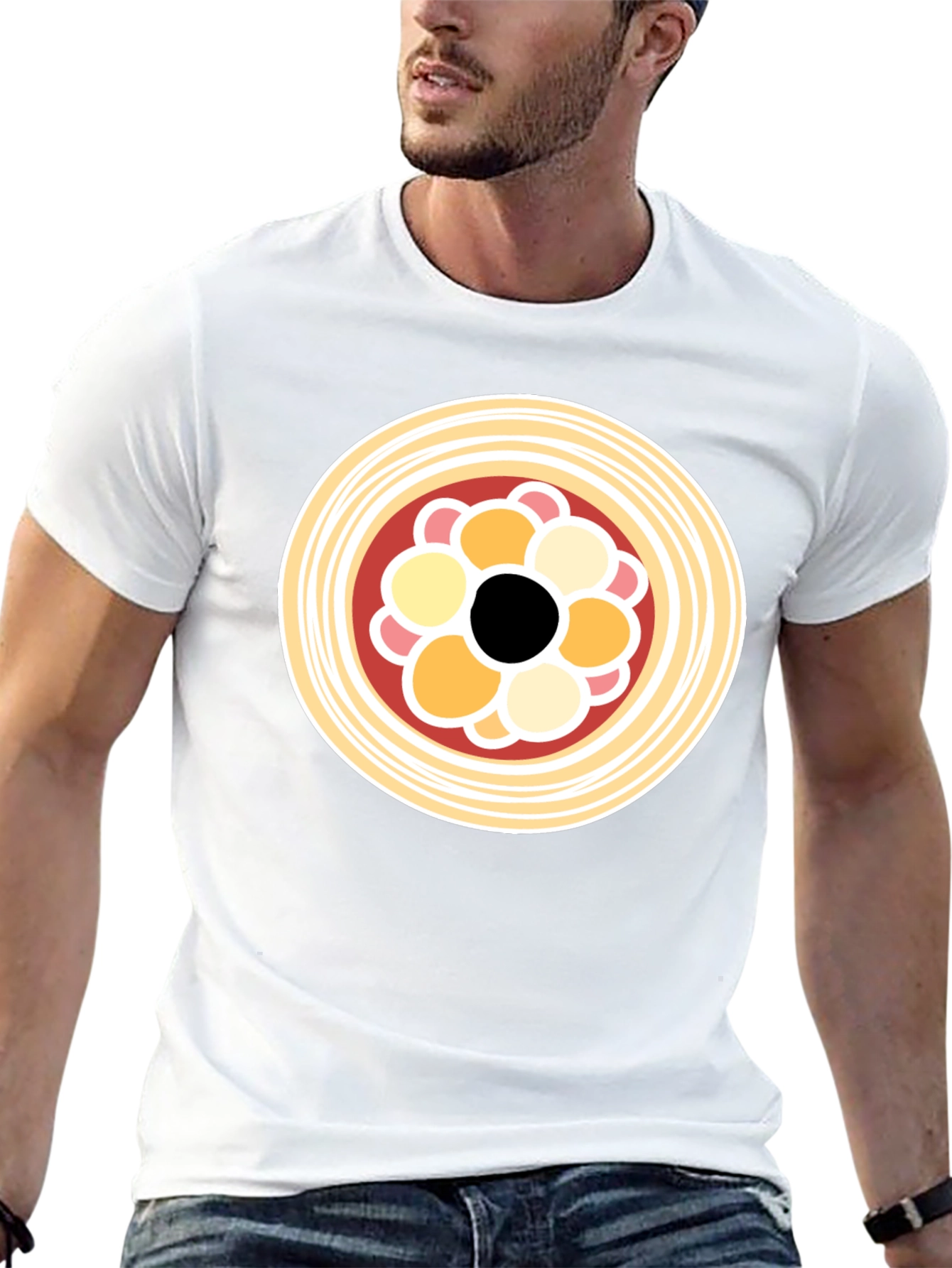 Black T-Shirt with Abstract Circle Food Graphic