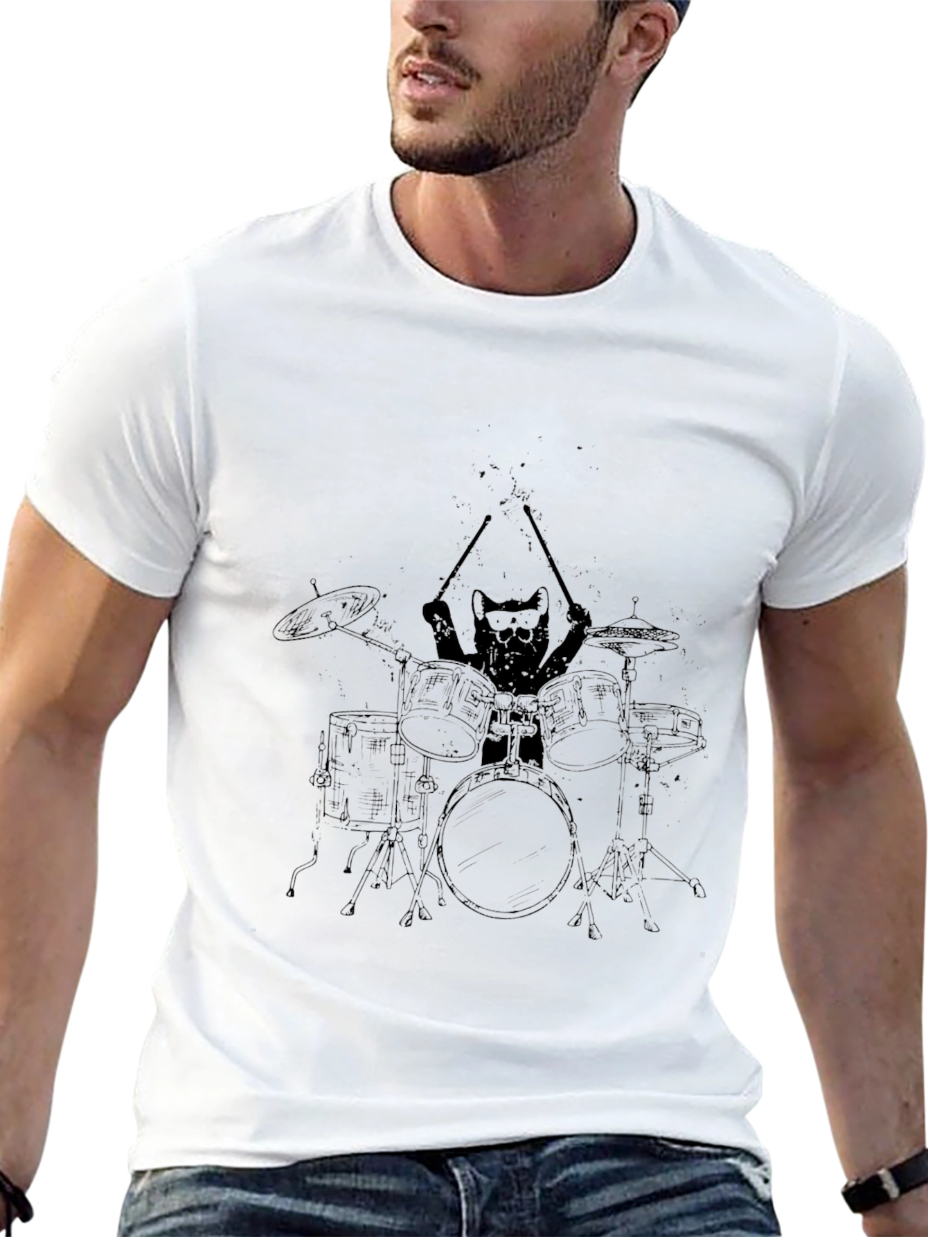 Cat Drummer Graphic Tee - Cool Black T-Shirt