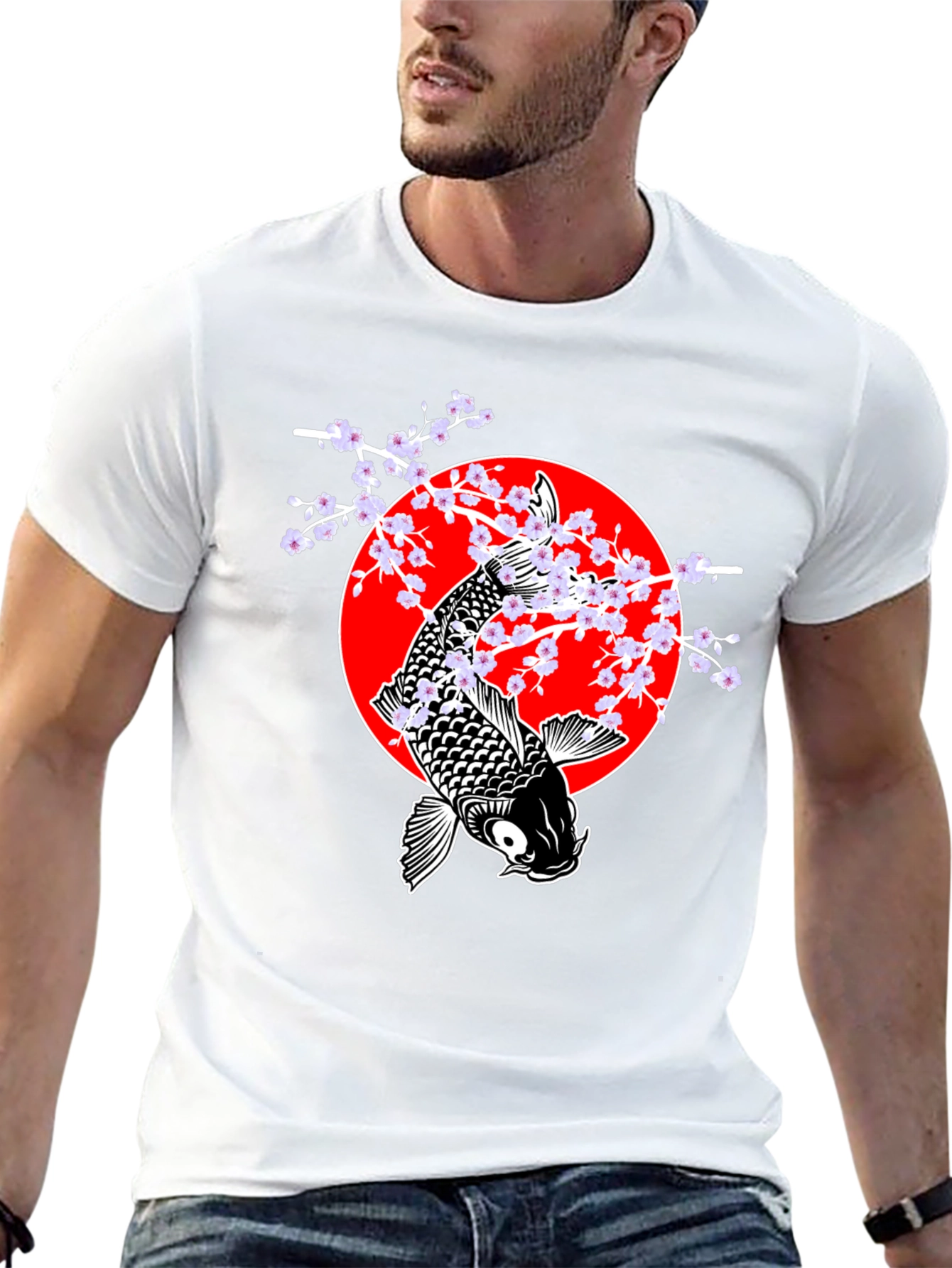 Koi Fish Cherry Blossom Graphic Tee - Black