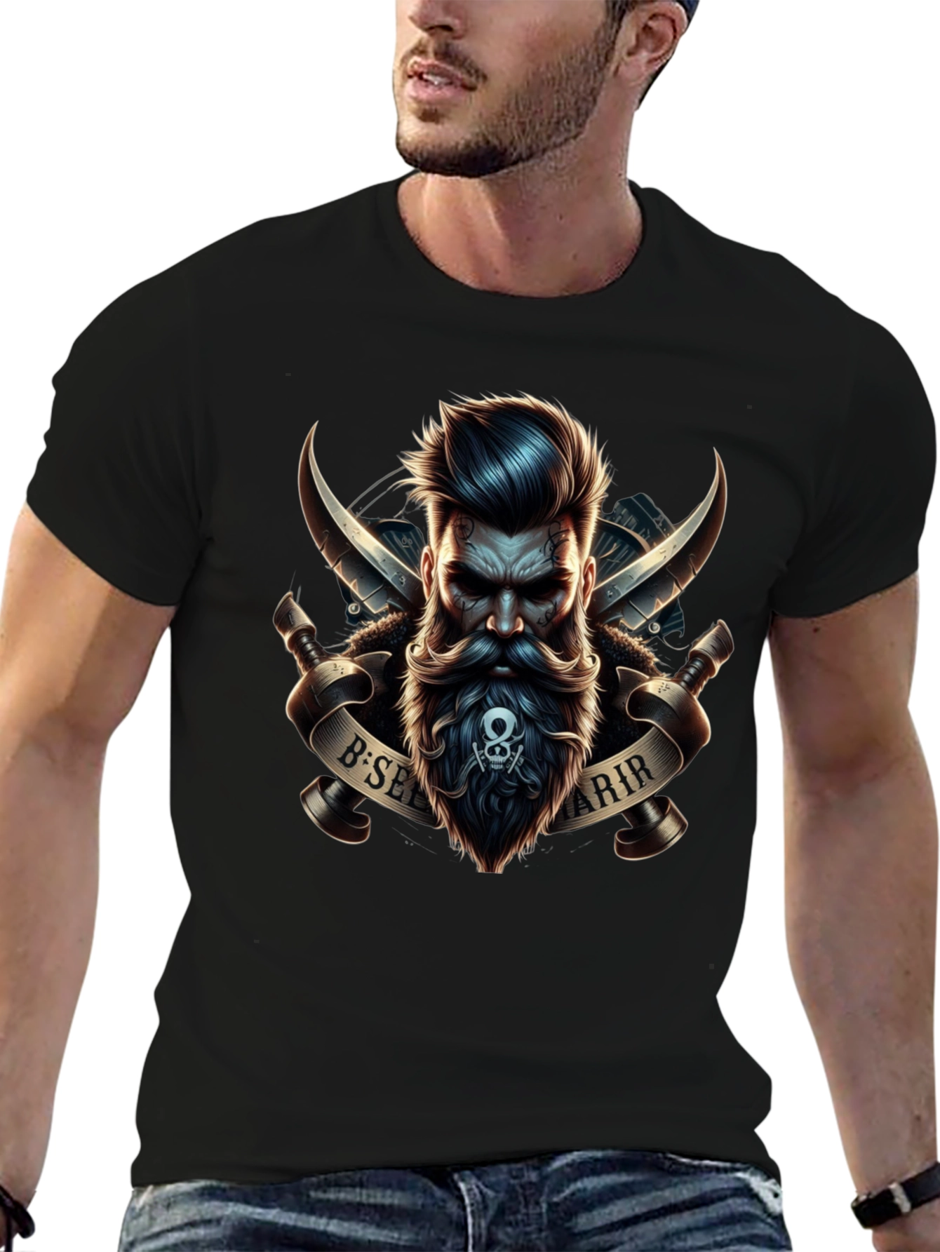 Bearded Warrior Graphic Print Black T-Shirt