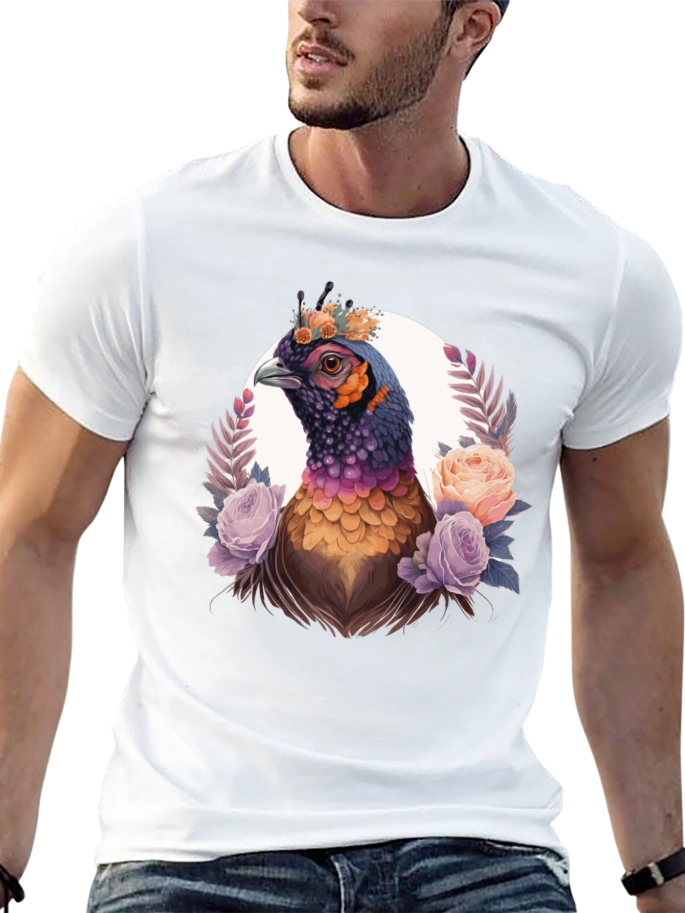 Floral Pheasant Graphic Tee - Black Unisex T-Shirt