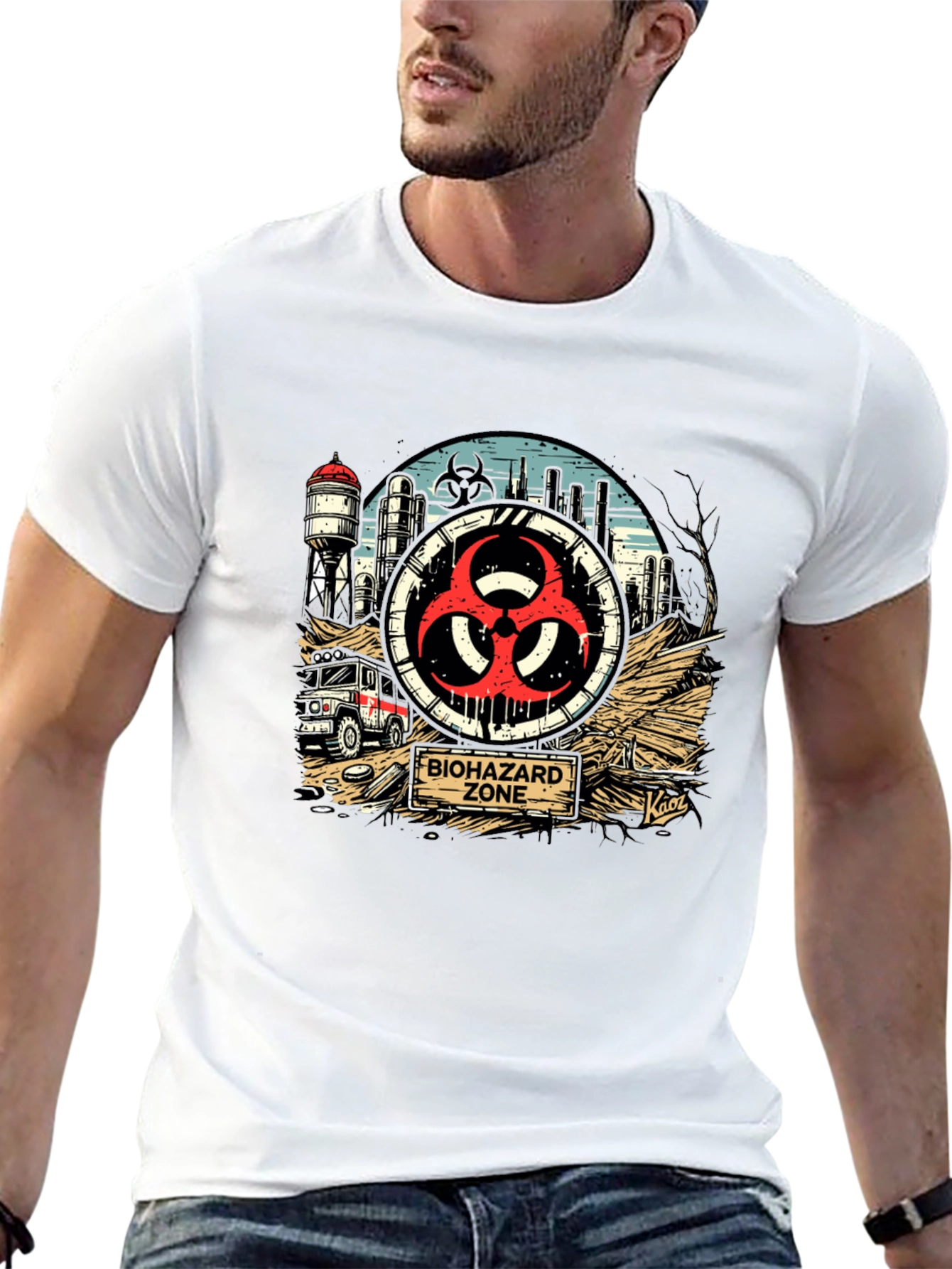 Biohazard Zone Graphic T-Shirt - Distressed Industrial Design