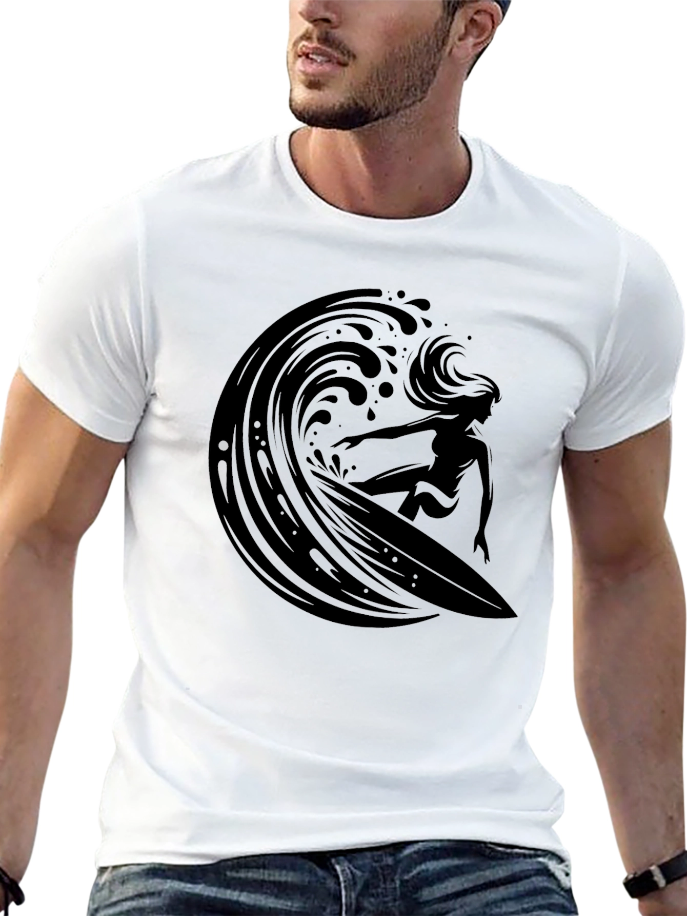 Surfer Girl Wave Graphic Black T-Shirt
