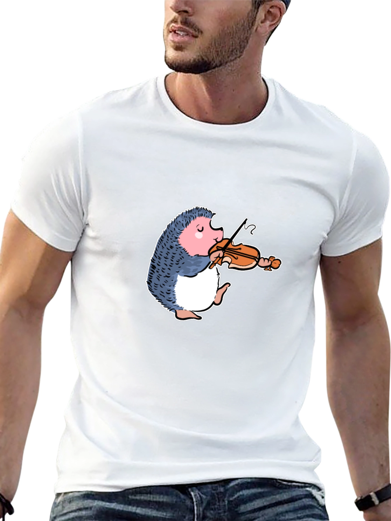 Hedgehog Violinist Graphic Tee - Black Cotton T-Shirt