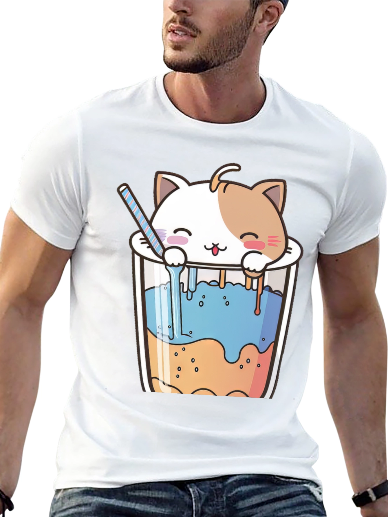 Cute Cat Bubble Tea Black T-Shirt