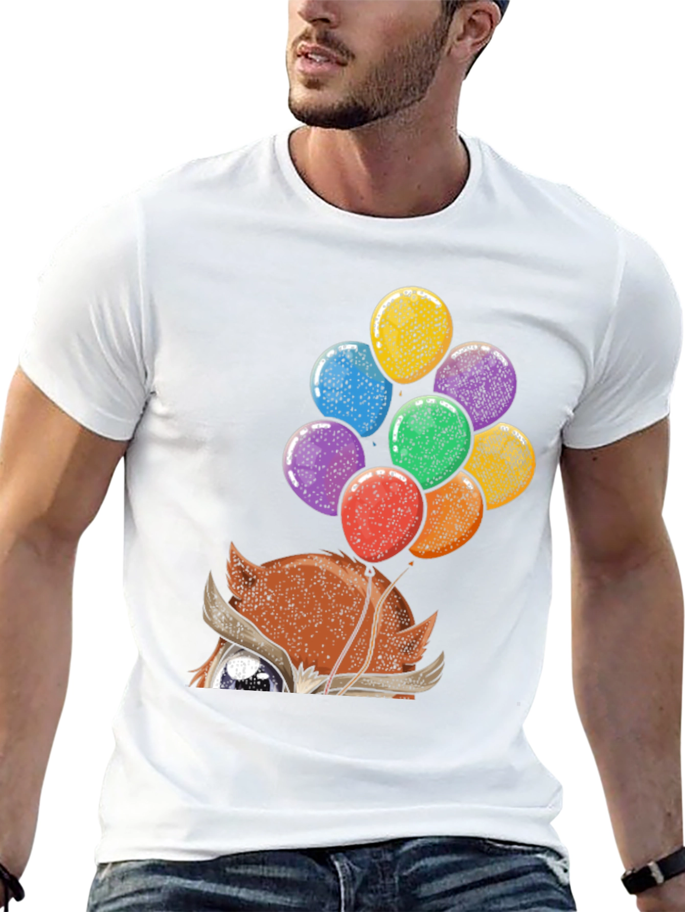 Fox with Balloons Graphic Print T-Shirt - Casual Style