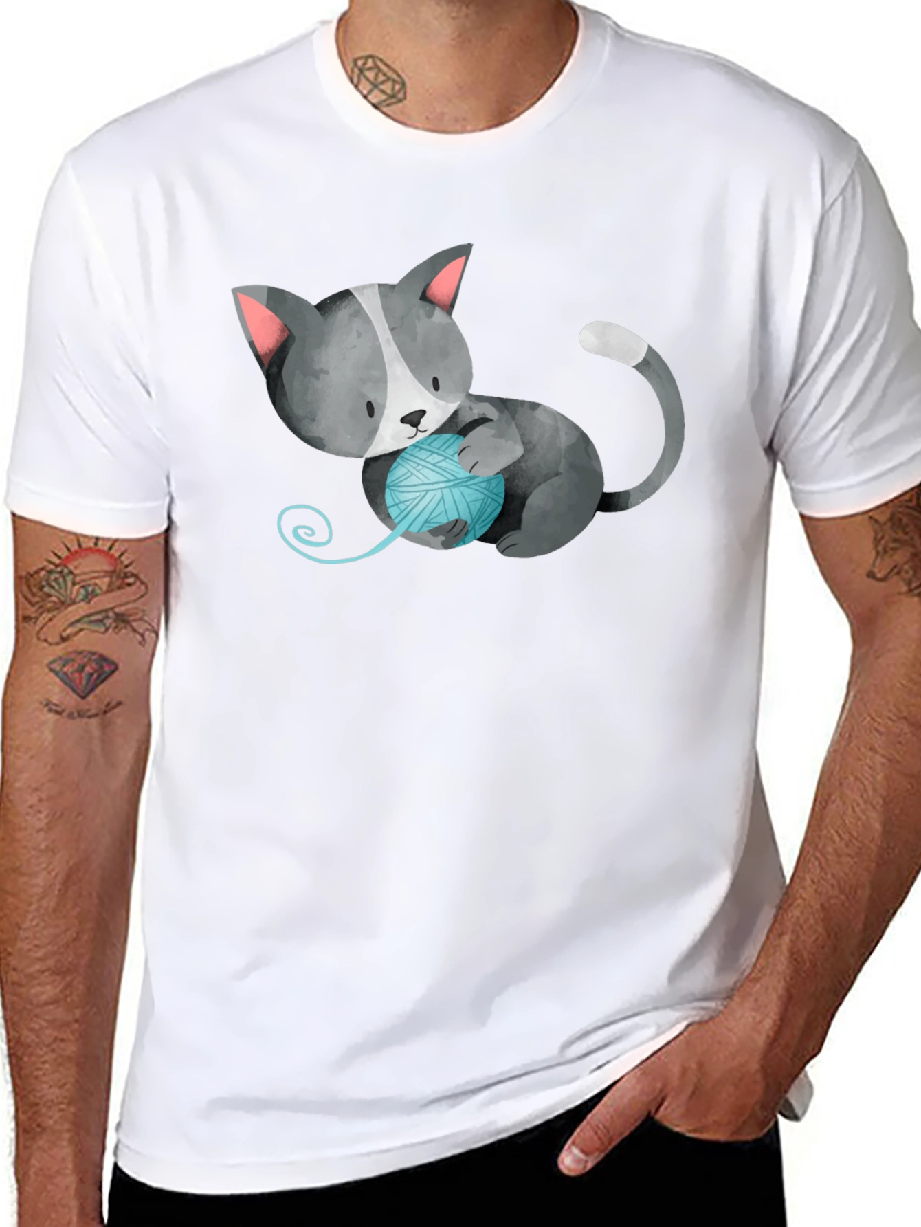 Cute Cat with Yarn Ball Black T-Shirt