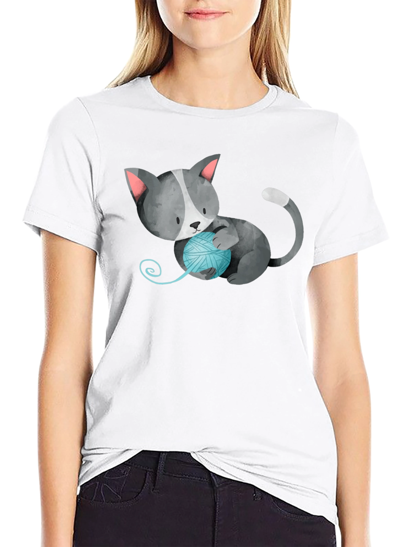 Cute Cat with Yarn Ball Black T-Shirt