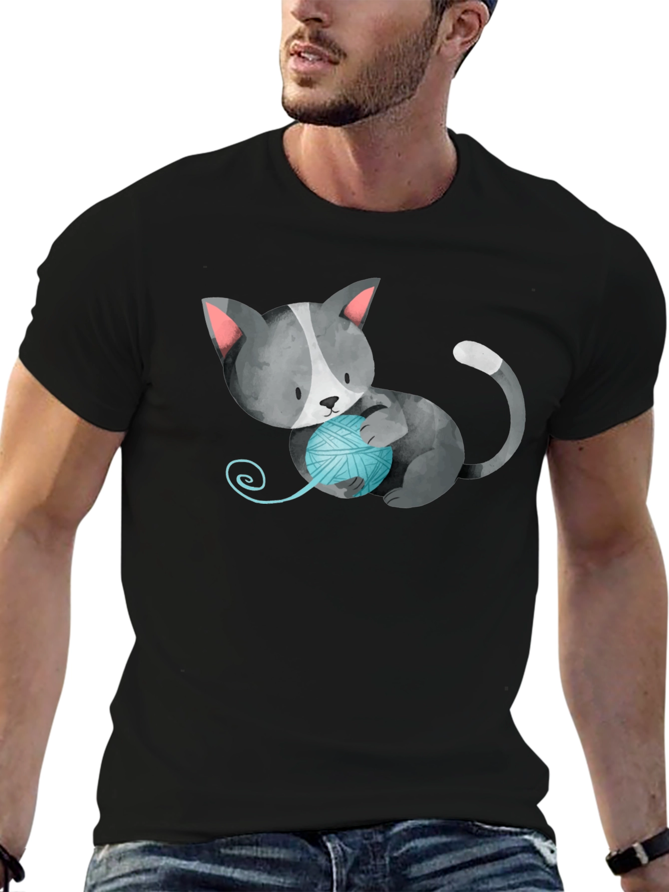 Cute Cat with Yarn Ball Black T-Shirt