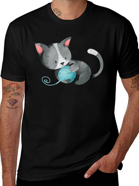 Cute Cat with Yarn Ball Black T-Shirt