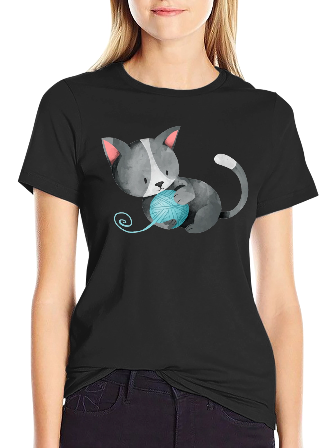 Cute Cat with Yarn Ball Black T-Shirt