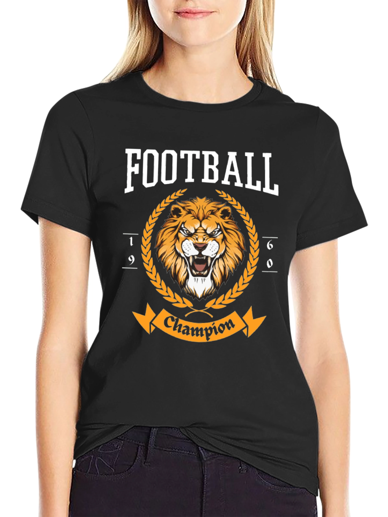 Football Champion Lion Graphic T-Shirt - Black