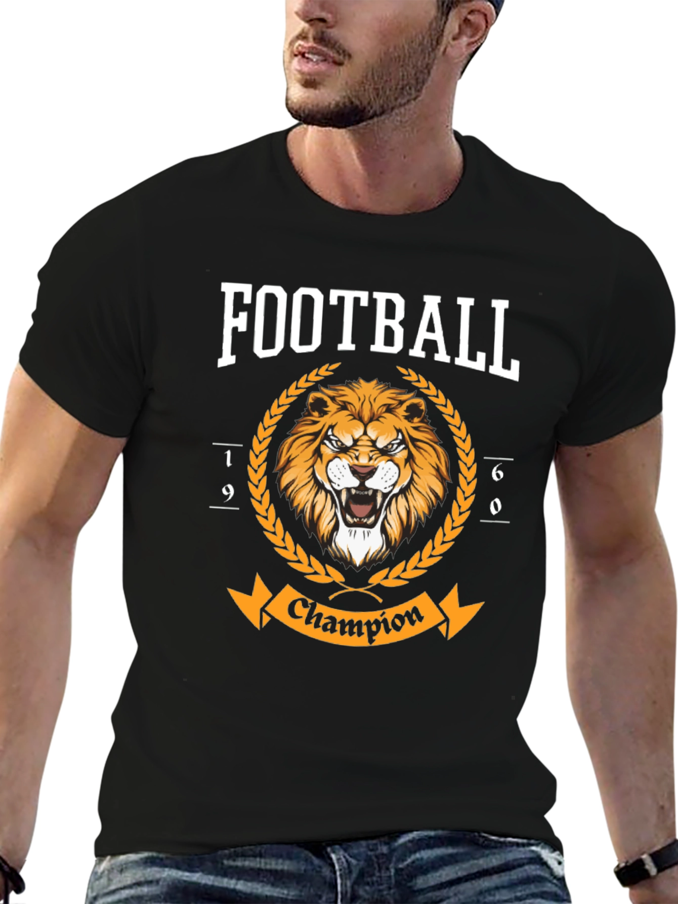 Football Champion Lion Graphic T-Shirt - Black