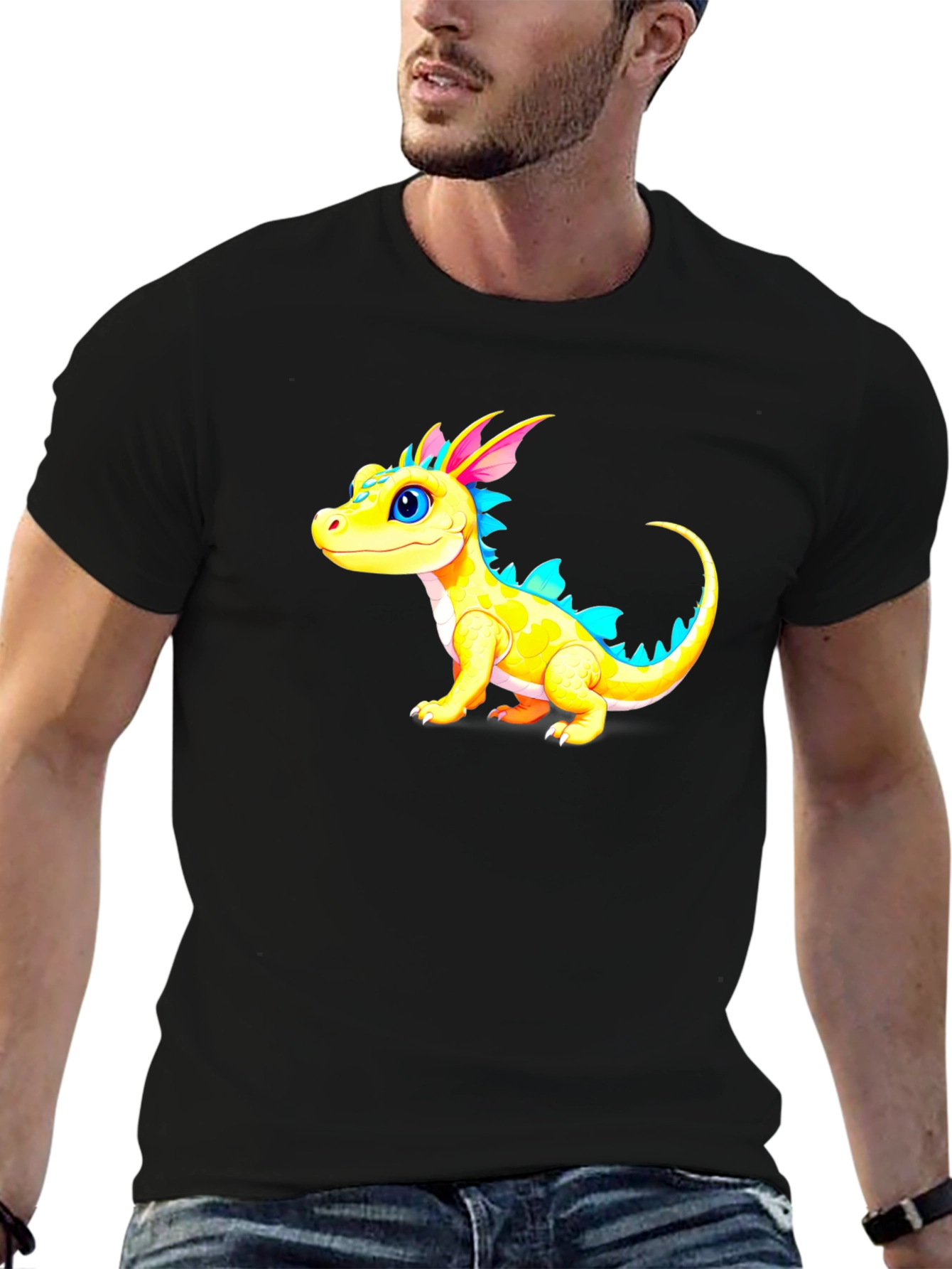 Cute Cartoon Dragon Graphic Tee - Black