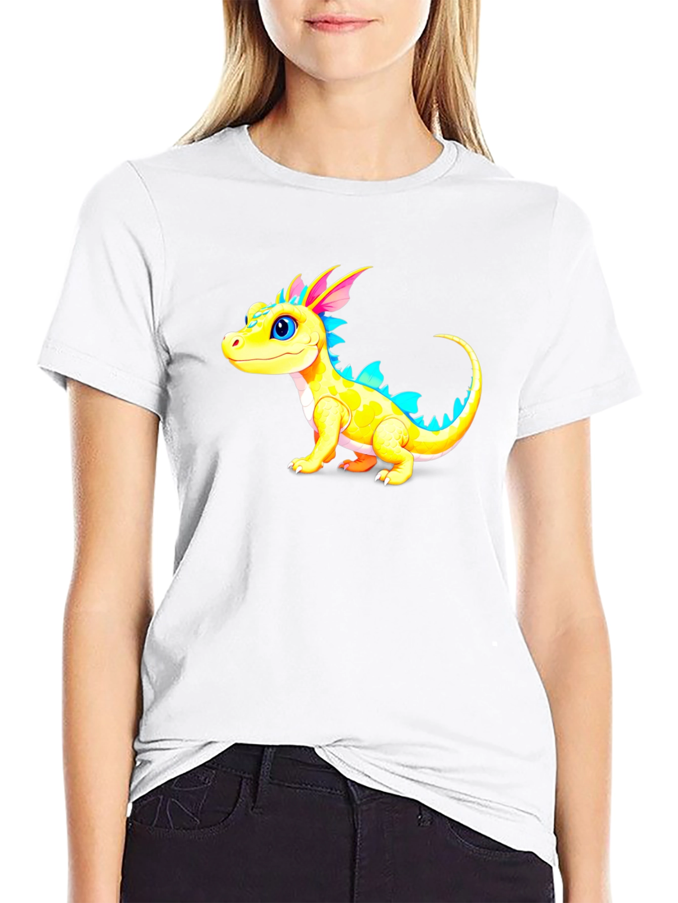 Cute Cartoon Dragon Graphic Tee - Black