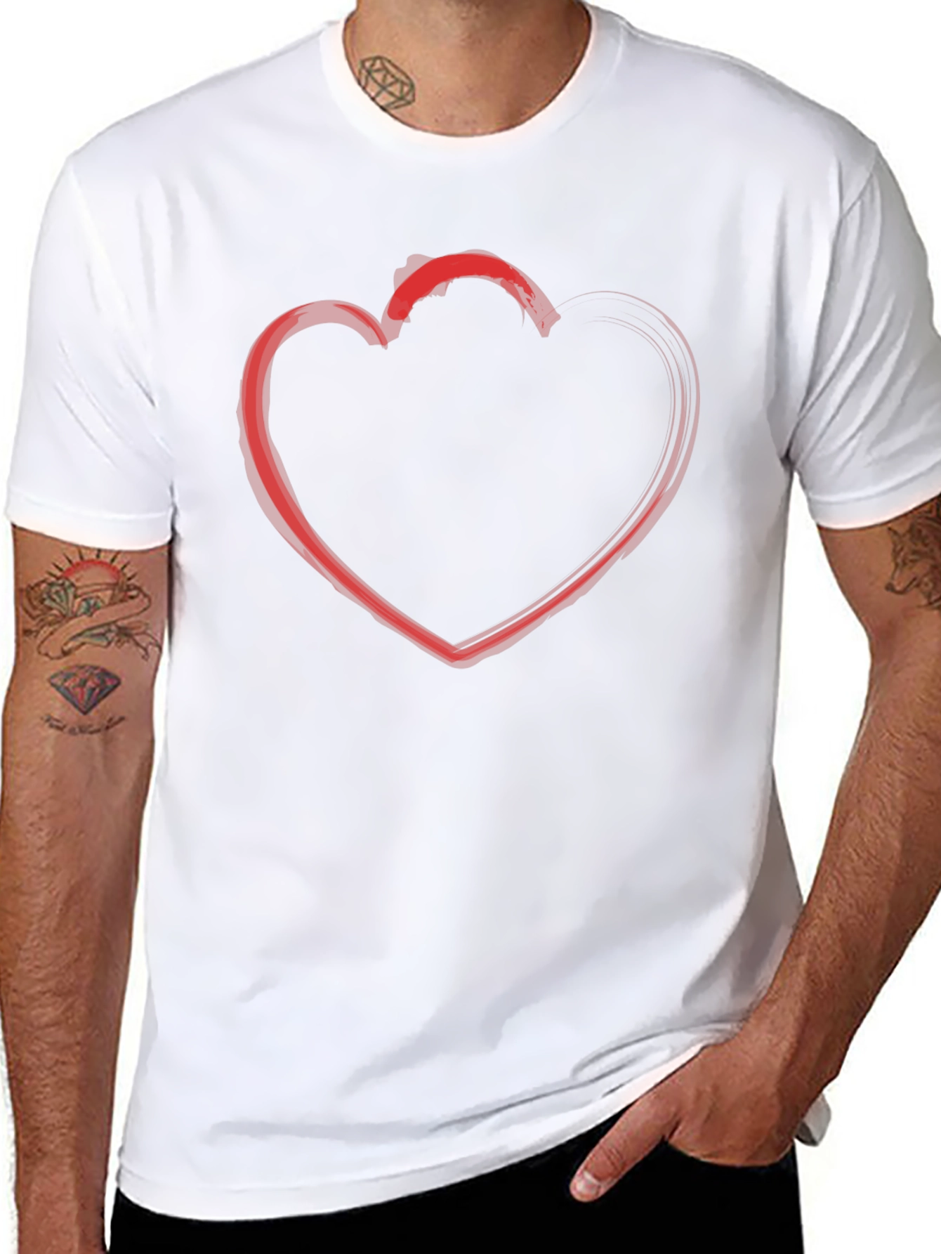 Red Heart Outline Black T-Shirt