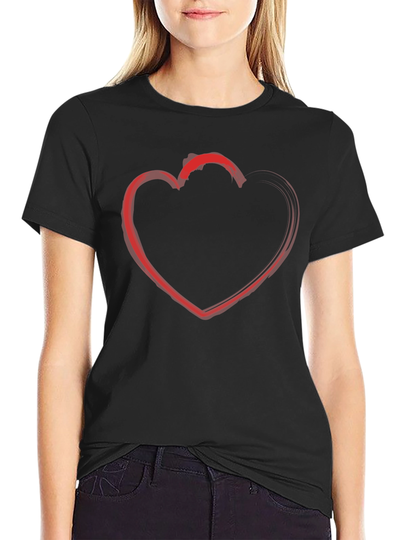 Red Heart Outline Black T-Shirt