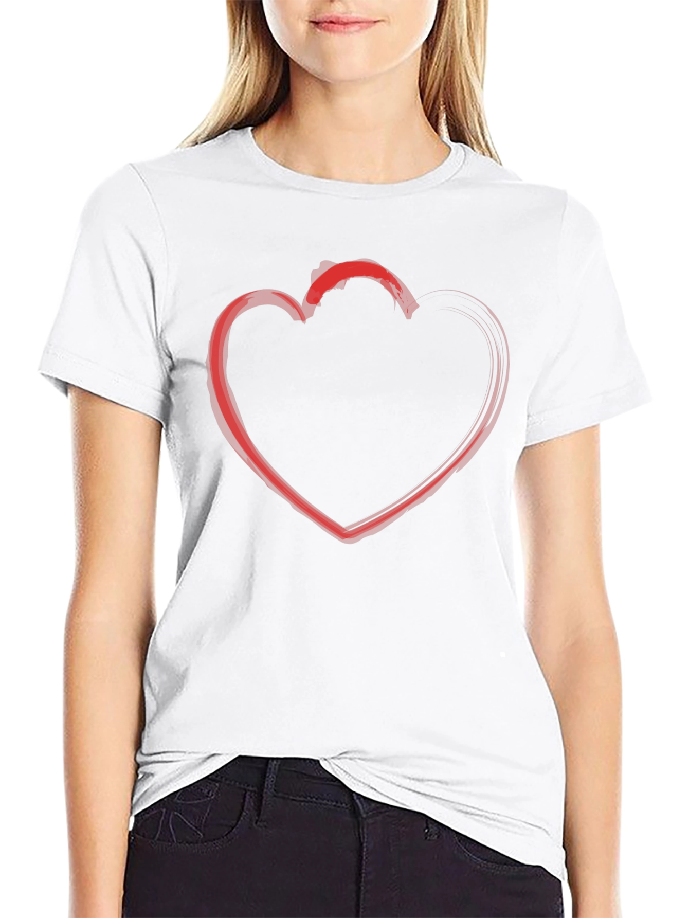 Red Heart Outline Black T-Shirt