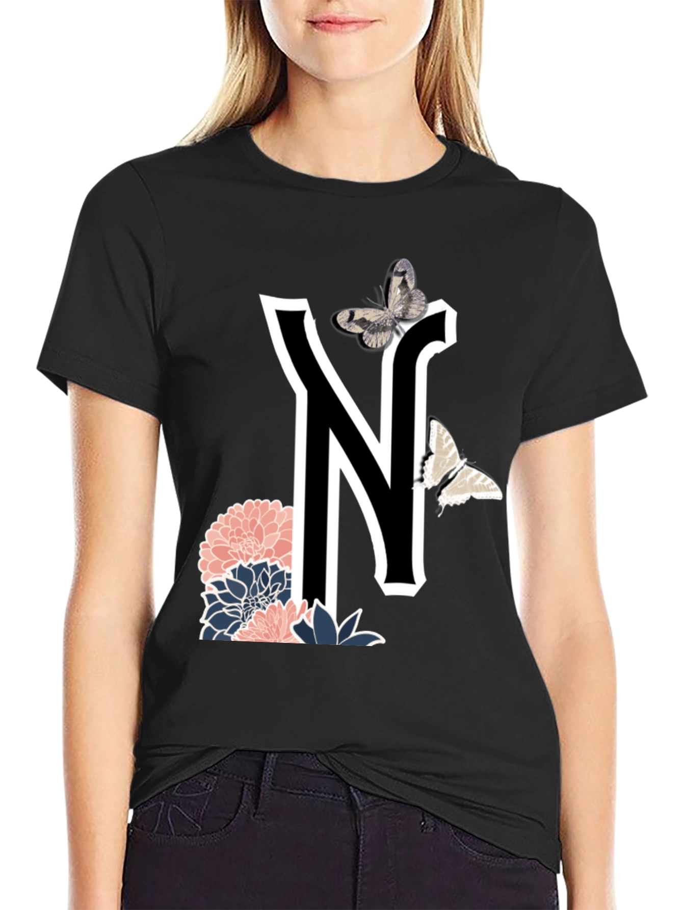 Letter N Floral Butterfly T-Shirt