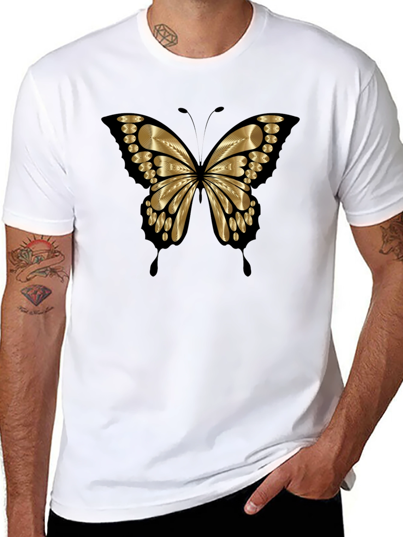 Gold Butterfly Graphic Print Mens T-Shirt