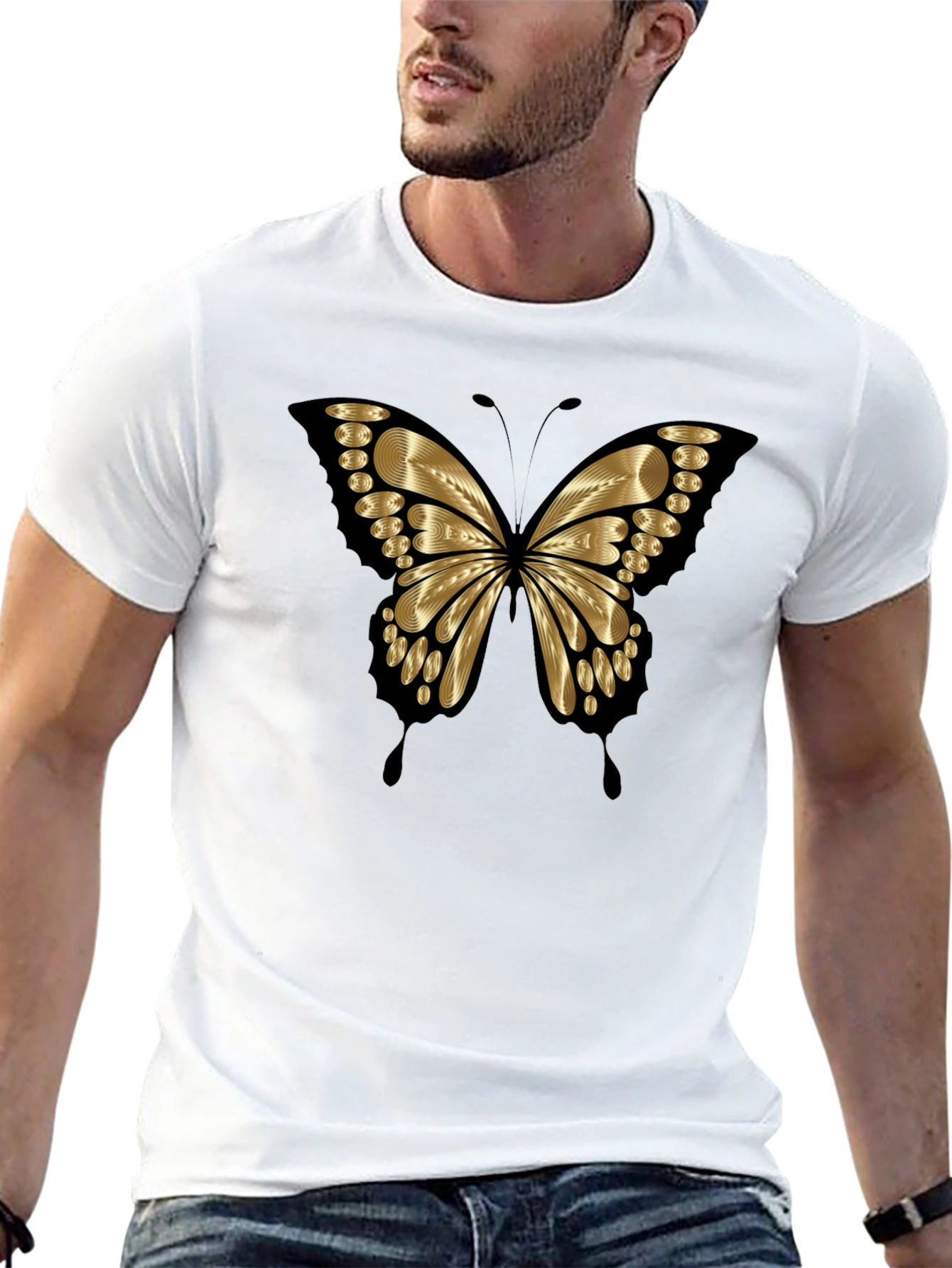 Gold Butterfly Graphic Print Mens T-Shirt