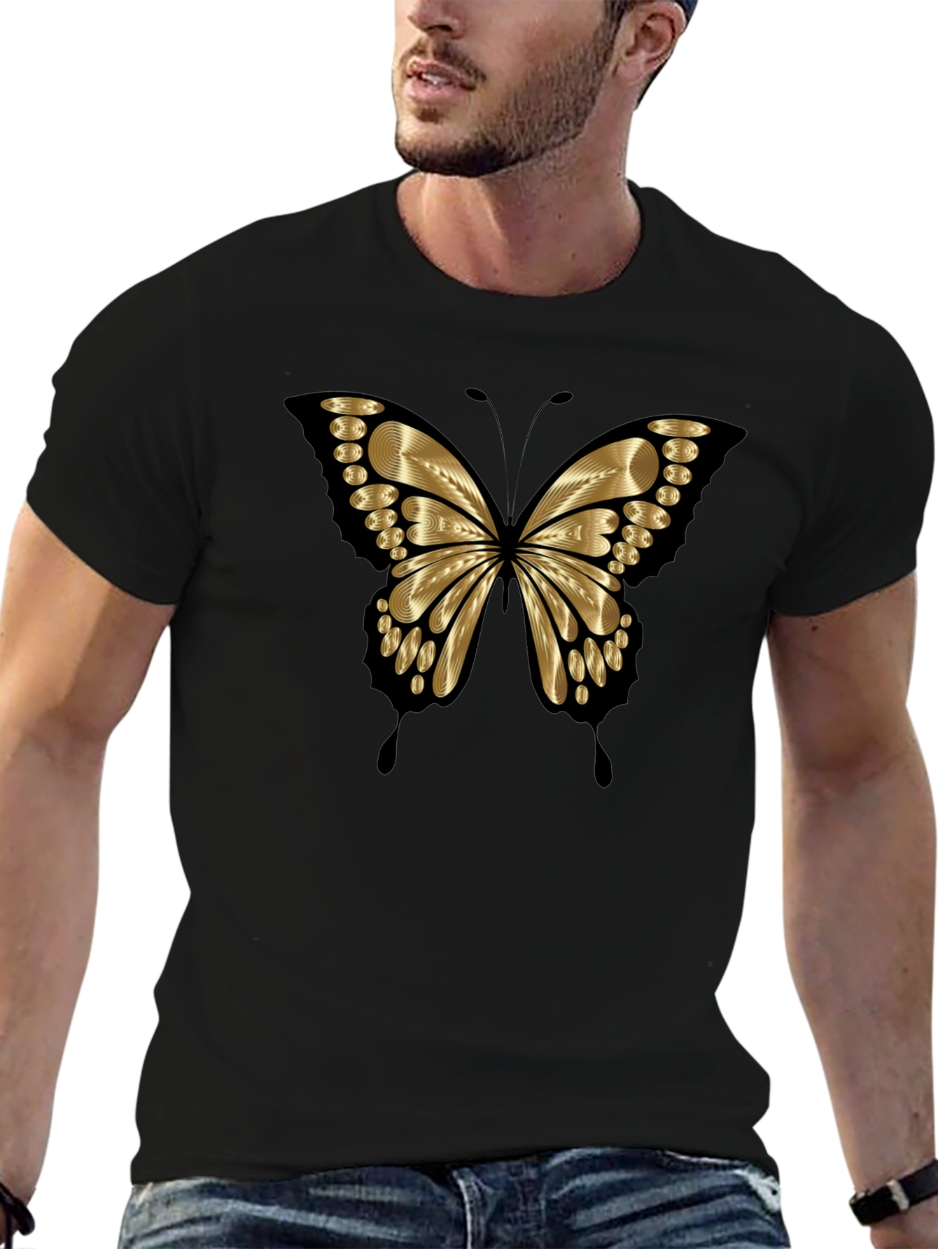 Gold Butterfly Graphic Print Mens T-Shirt