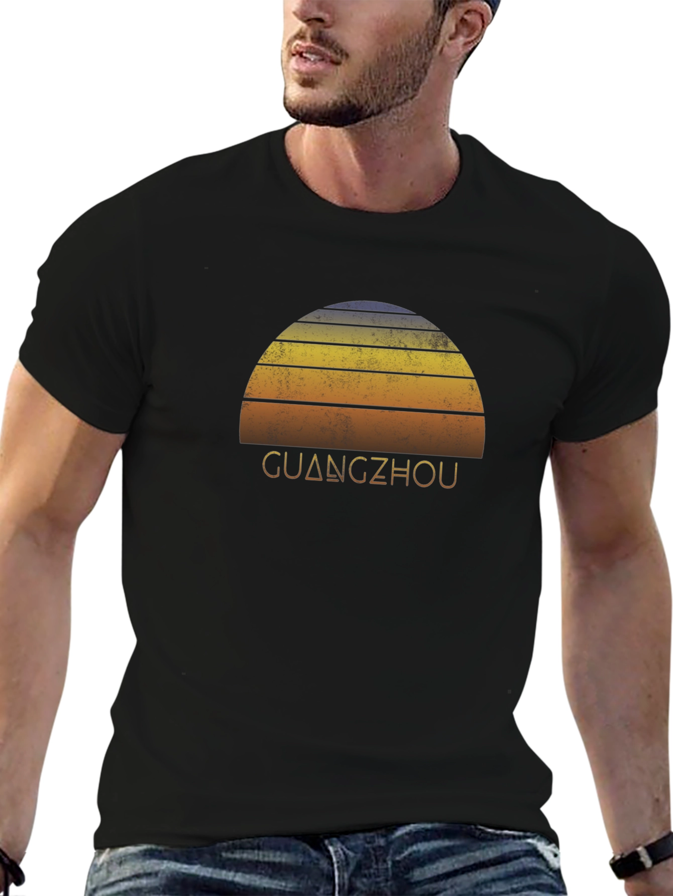 Guangzhou Sunset Graphic Tee - Retro Style Black T-Shirt